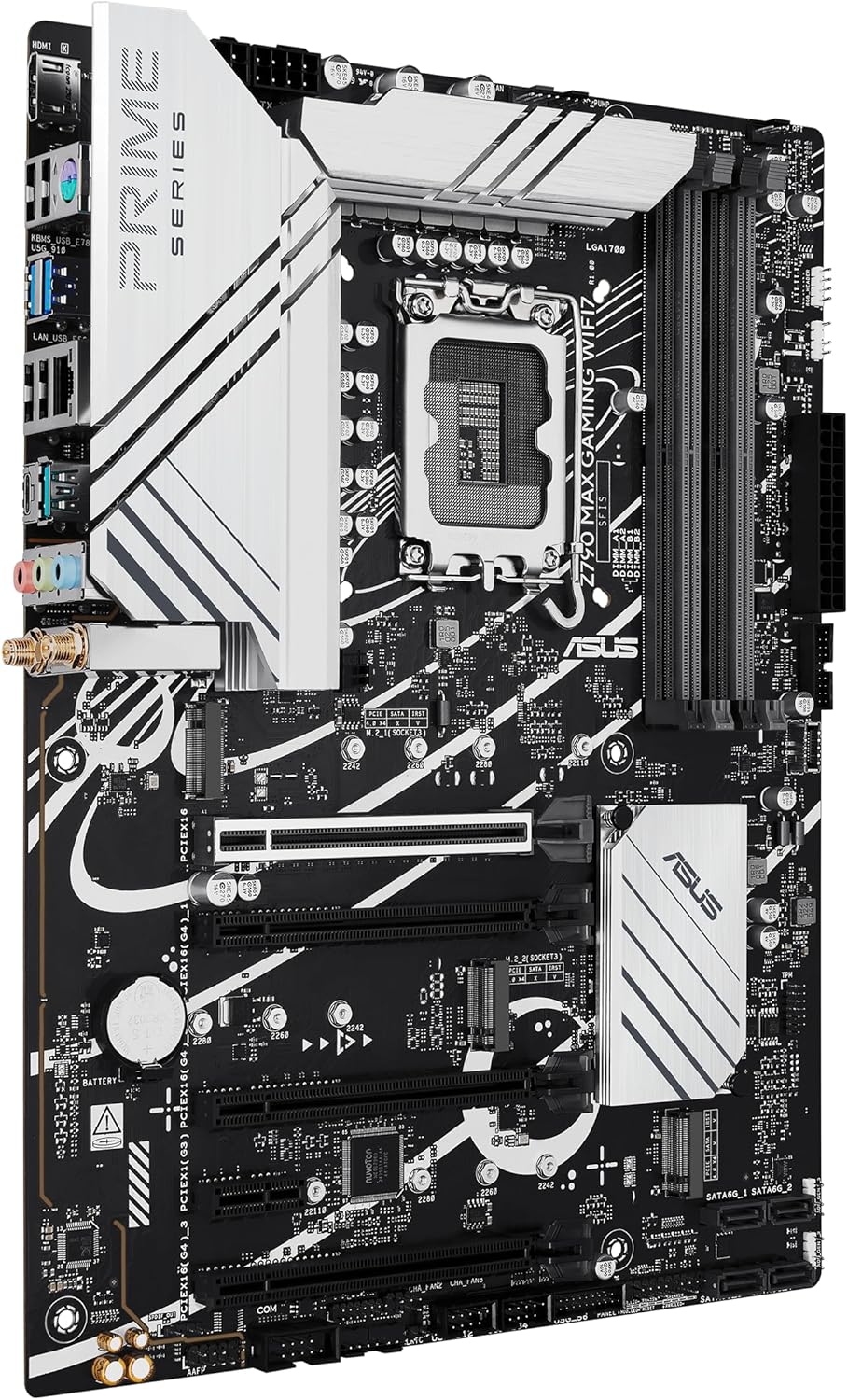 Úhlové view základní desky ASUS Z790 MAX Gaming WIFI7, s zvýrazněním zadního I/O panelu a slotů PCIe.