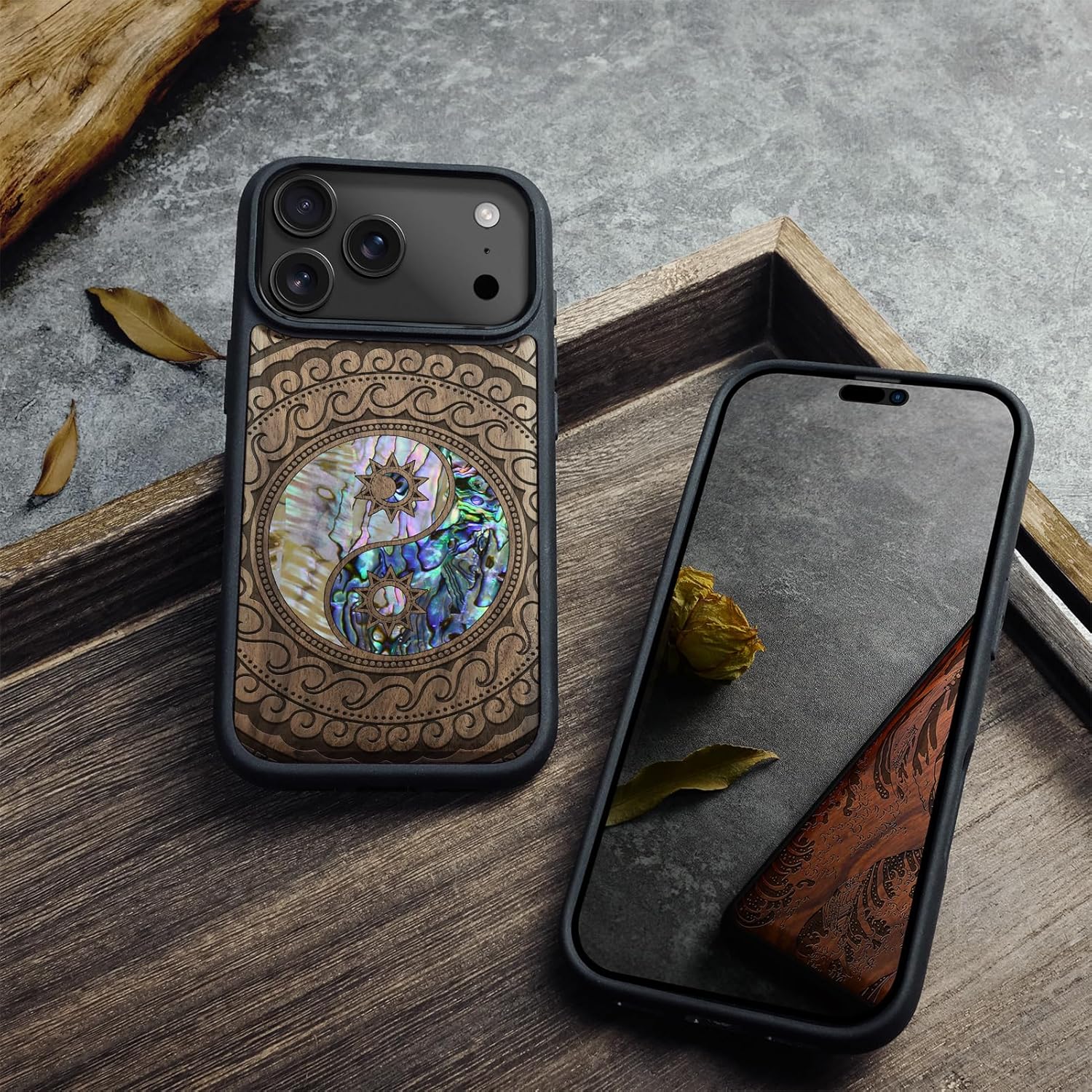 Carveit Magnetic Case for iPhone 17 Pro Case, Wood Artisan Engraved & Handmade Shell Inlaid, TPU Shockproof Cover, Compatible with MagSafe Wireless Chargers (Yin Yang Paisley-Walnut)