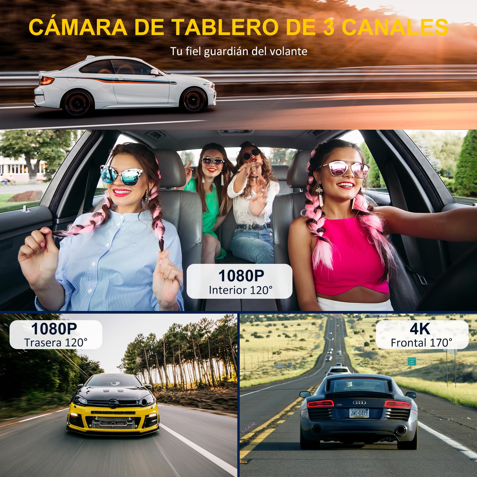 Cámara de salpicadero delantera y trasera interior, cámara de salpicadero de 3 canales para coche, cámara WiFi 5G con tarjeta SD de 64 GB, cámara de salpicadero de triple lente 4K + 1080P + 1080P