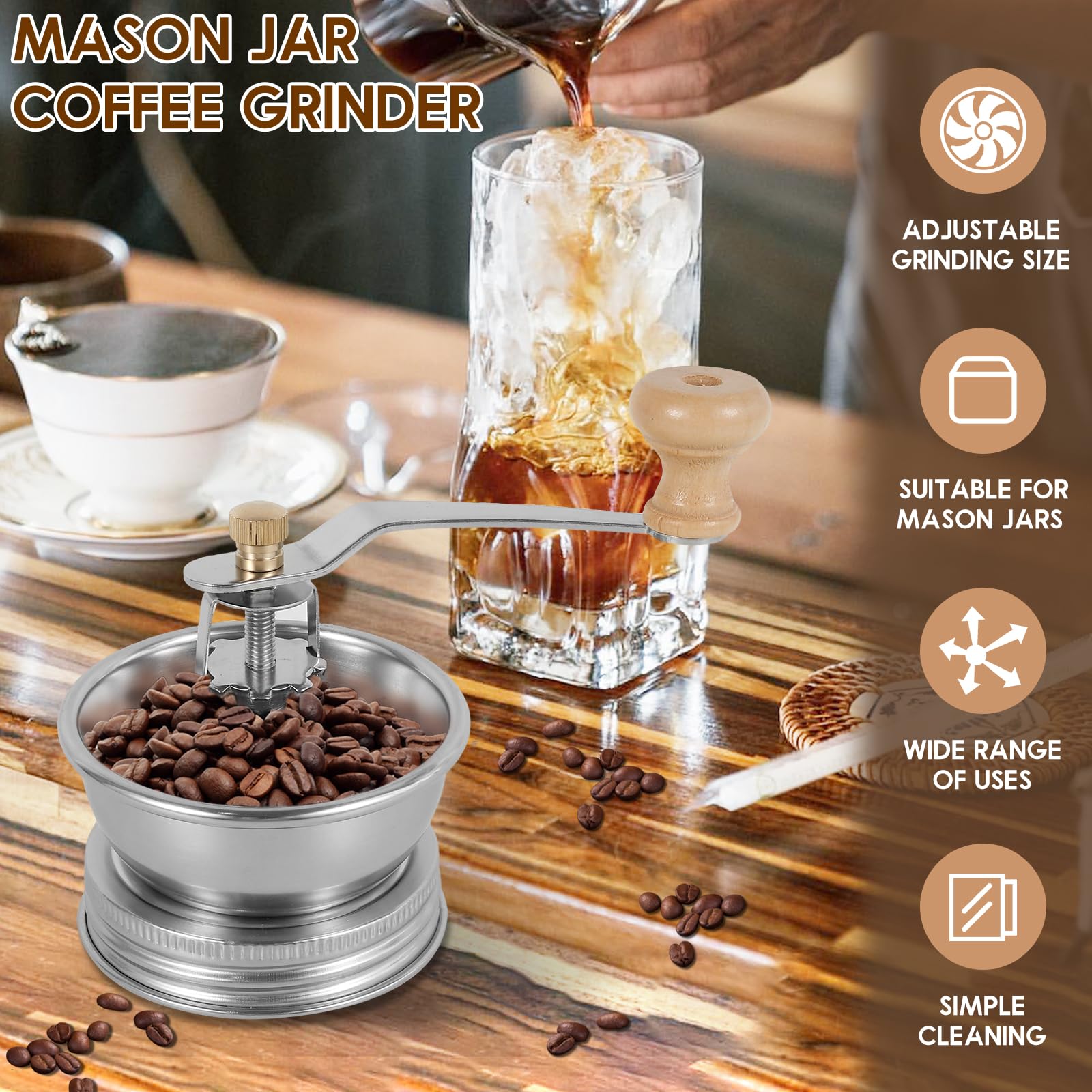 Molinillo de café tipo tarro Mason, accesorio de tapa manual para tarros Mason de boca ancha, tapa de molinillo de café de acero inoxidable, accesorios de tarro Mason ideales para camping y barista en