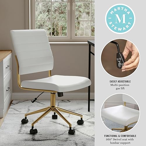 Miniatura 4 de Martha Stewart Ivy - Silla giratoria sin brazos para oficina en casa en piel sintética blanca con marco de latón pulido