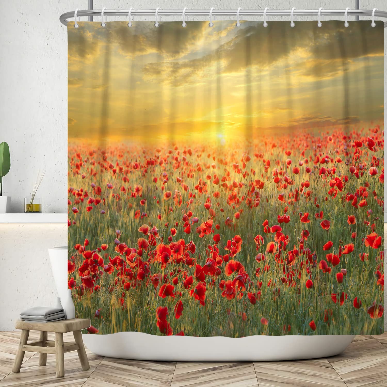 Bovlleetd 72x74inch Flower Shower Curtain Autumn Sunset Romantic Garden Bathroom Curtain 3D Red Flower Printing Shower Curtains Waterproof Botanical Bathtub Curtain — image 1