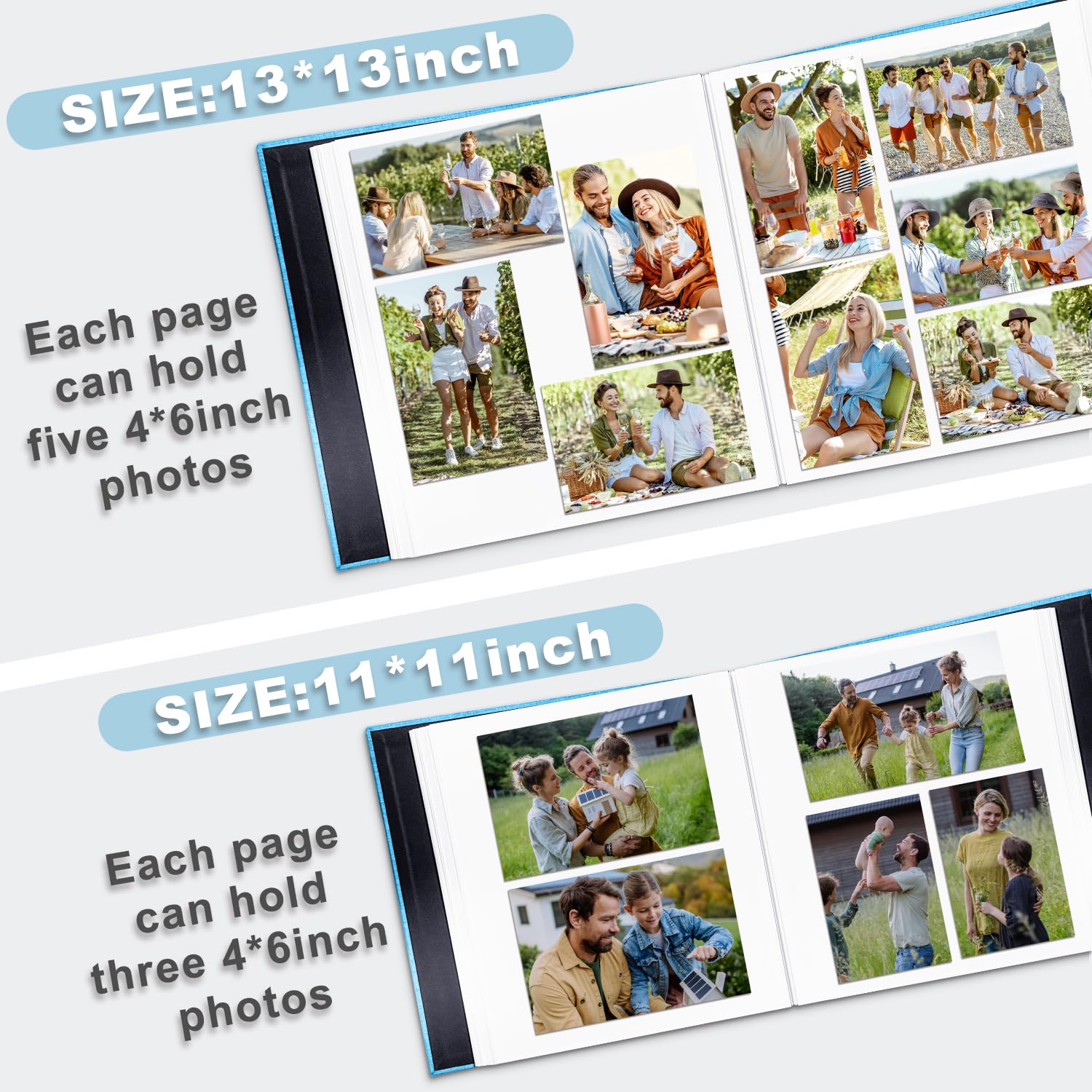 Grand album photo autocollant, album de scrapbooking pour photos de 7,6 x 12,7 cm, 10,2 x 15,2 cm, 20,3 x 25,4 cm, 60 pages couverture en lin bleu clair, cadeau idéal pour famille, mariage
