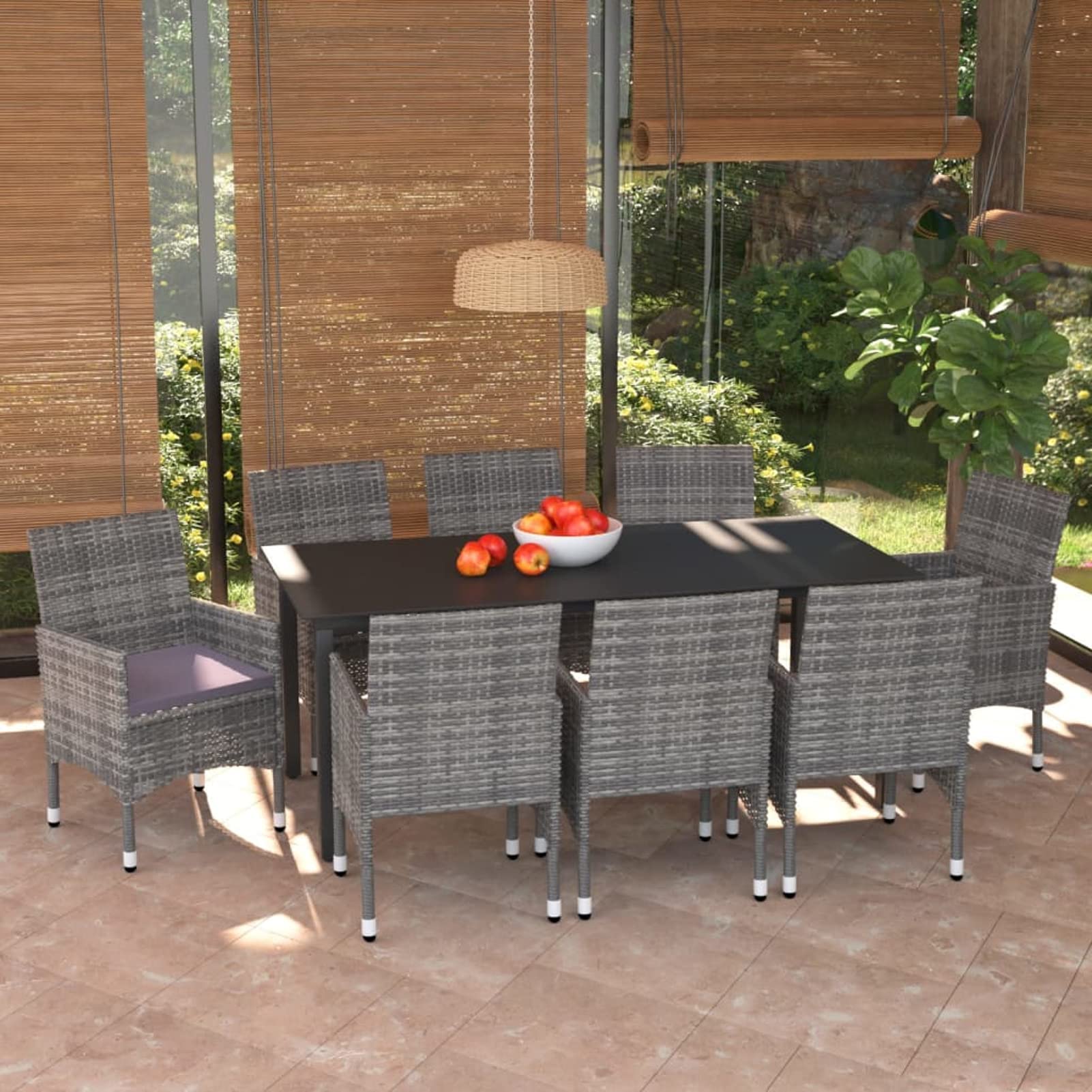 Juego de Comedor de Jardín con Mesa de Vidrio y Sillas de Ratán para Exterior - 8 Piezas, Color Gris