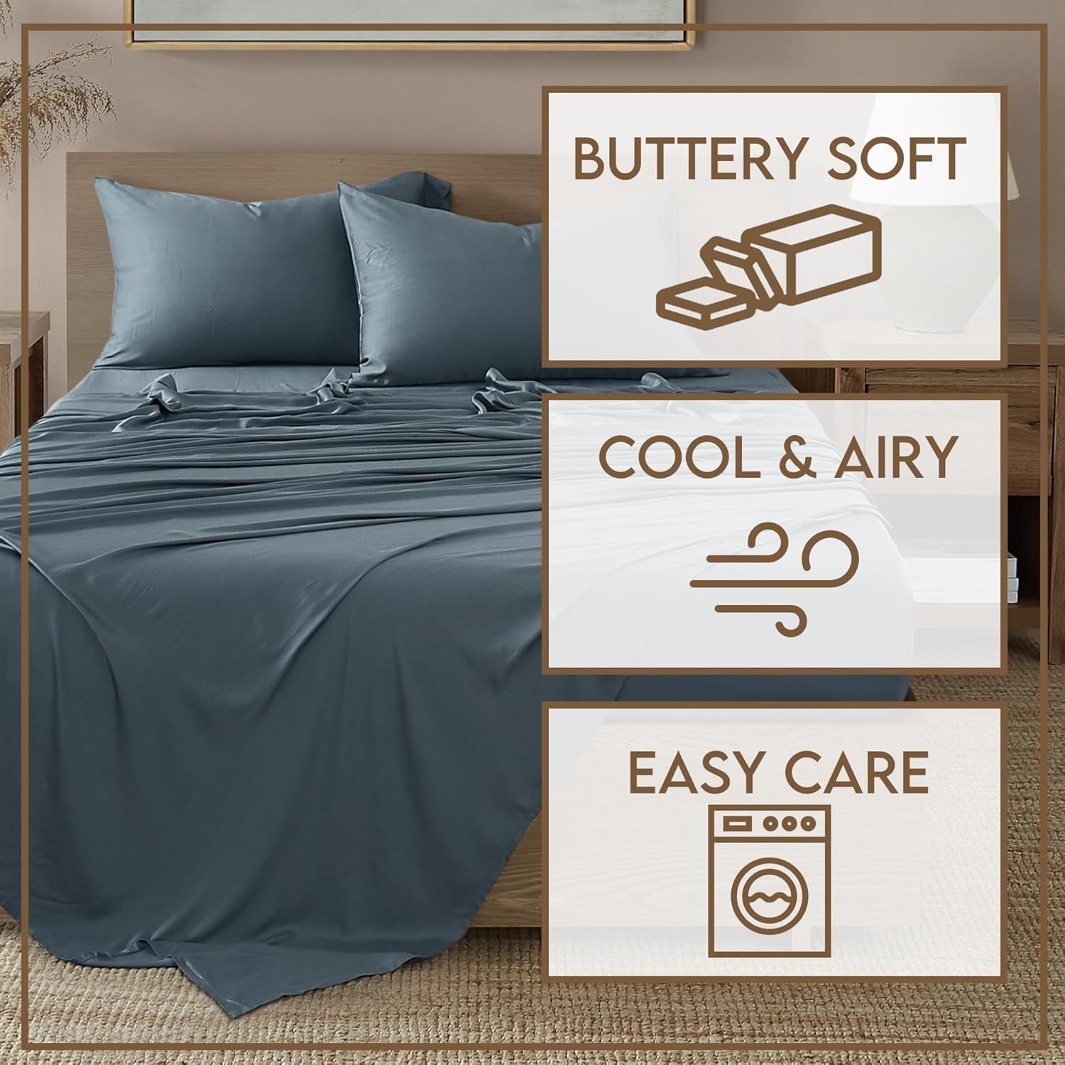 Brooklyn Loom 300 Thread Count 100% Rayon from Bamboo Blue 4 Piece Queen Sheet Set