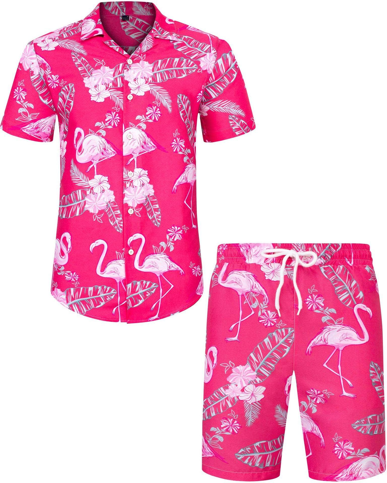 Mens Hawaiian Shirt and Shorts Set Regular Fit Short Sleeve Casual Funky Beach Flamingo Shirt Set