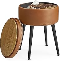 VASAGLE EKHO Round Storage Ottoman - Versatile Vanity Stool, 330 lb Capacity, Synthetic Leather Footrest & Side Table, Caramel Brown ULOM005K01