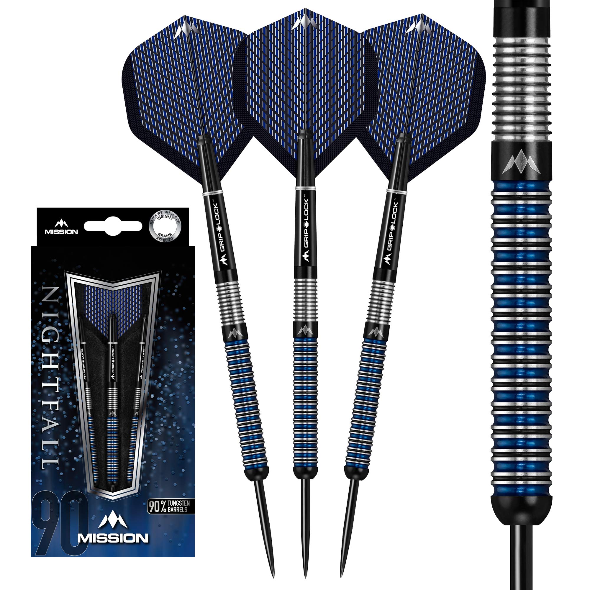 Mission Darts #_D1553 Nightfall | 23g Premium 90% Tungsten Straight Ring Barrel Dart Set with Steel Tips including 3 Flights, 3 Mission Shafts with S-Lock Rings and Point Protector, M1, Black/Blue