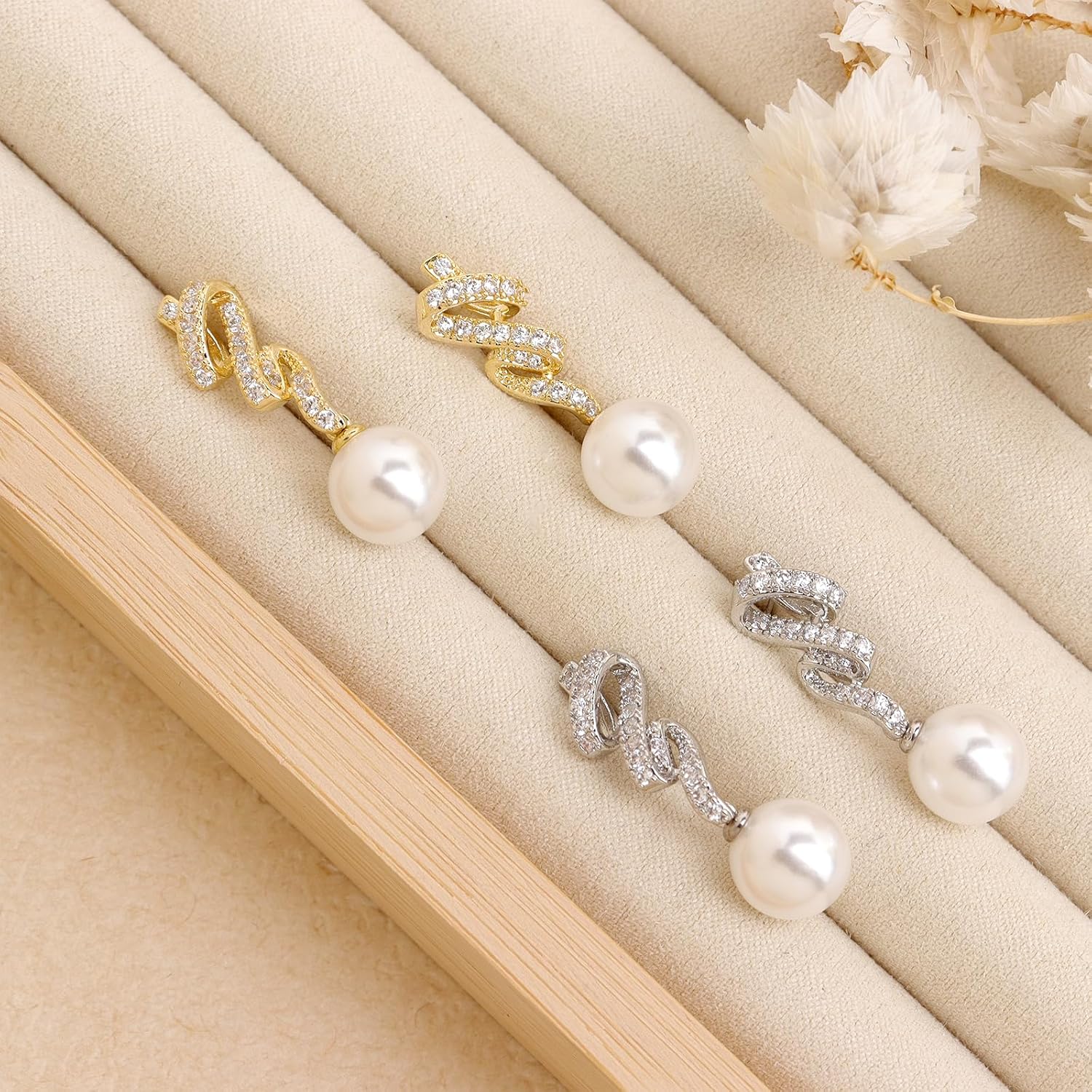 Sonateomber Gold Silver Pearl Drop Dangle Earrings for Women, Sparkly Elegant CZ Rhinestone Spiral Dangling Earings Prom Wedding Fashion Jewelry Gift - Image 7