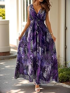 Women's Summer Dress Sexy V Neck Maxi Dresses Sleeveless Boho Floral Print Beach Dress with Backless Long Sundress