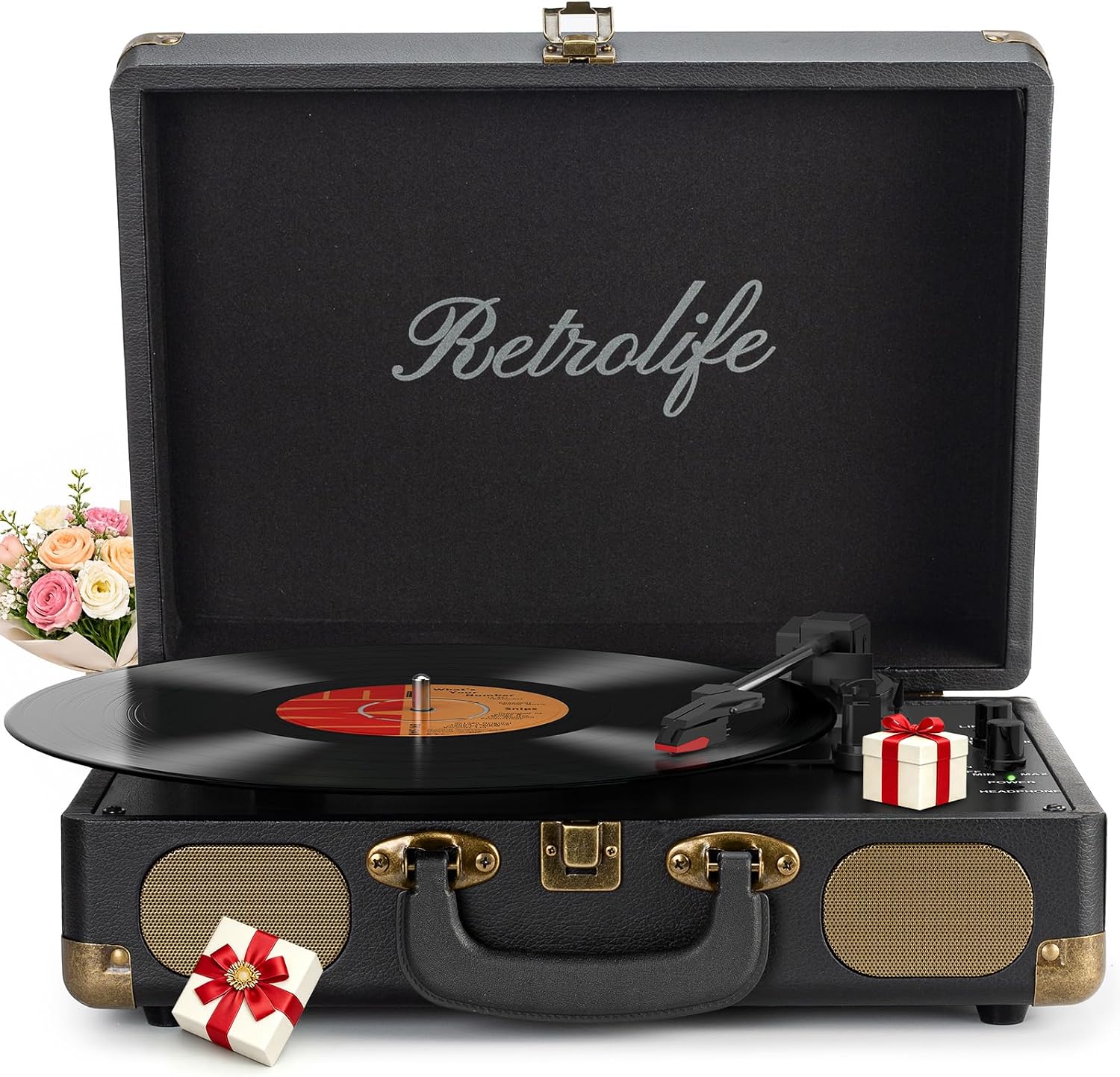 Retrolife® Record Player 3-Speed Suitcase Portable Belt-Driven Vinyl Record Players with Built-in Speakers Wireless Playback RCA Line Out AUX in Headphone Jack Vintage Turntable, Black