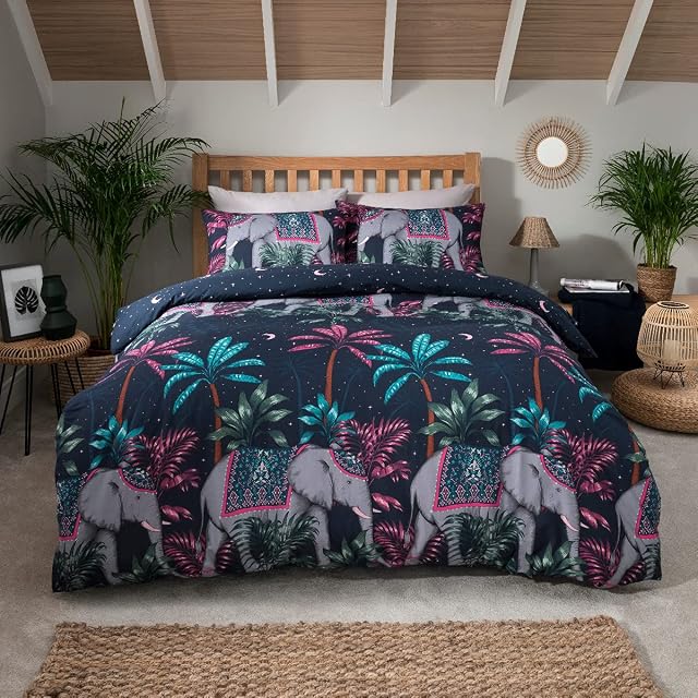 Sleepdown Jungle Elephant Navy Blue Pink Reversible Night Sky Duvet Cover Quilt and Pillow Cases Bedding Set Soft Easy Care - King (230cm x 220cm)