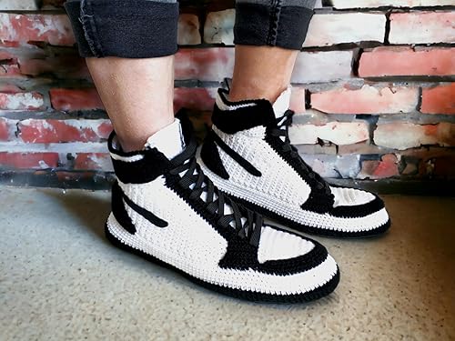 Miniatura 6 de Handmade Jordan Zebra Crochet Basketball Slippers, Retro Knitted Plush High-Top Shoes, Cozy Unisex Indoor Booties, Soft Warm House Boots, Men - Women