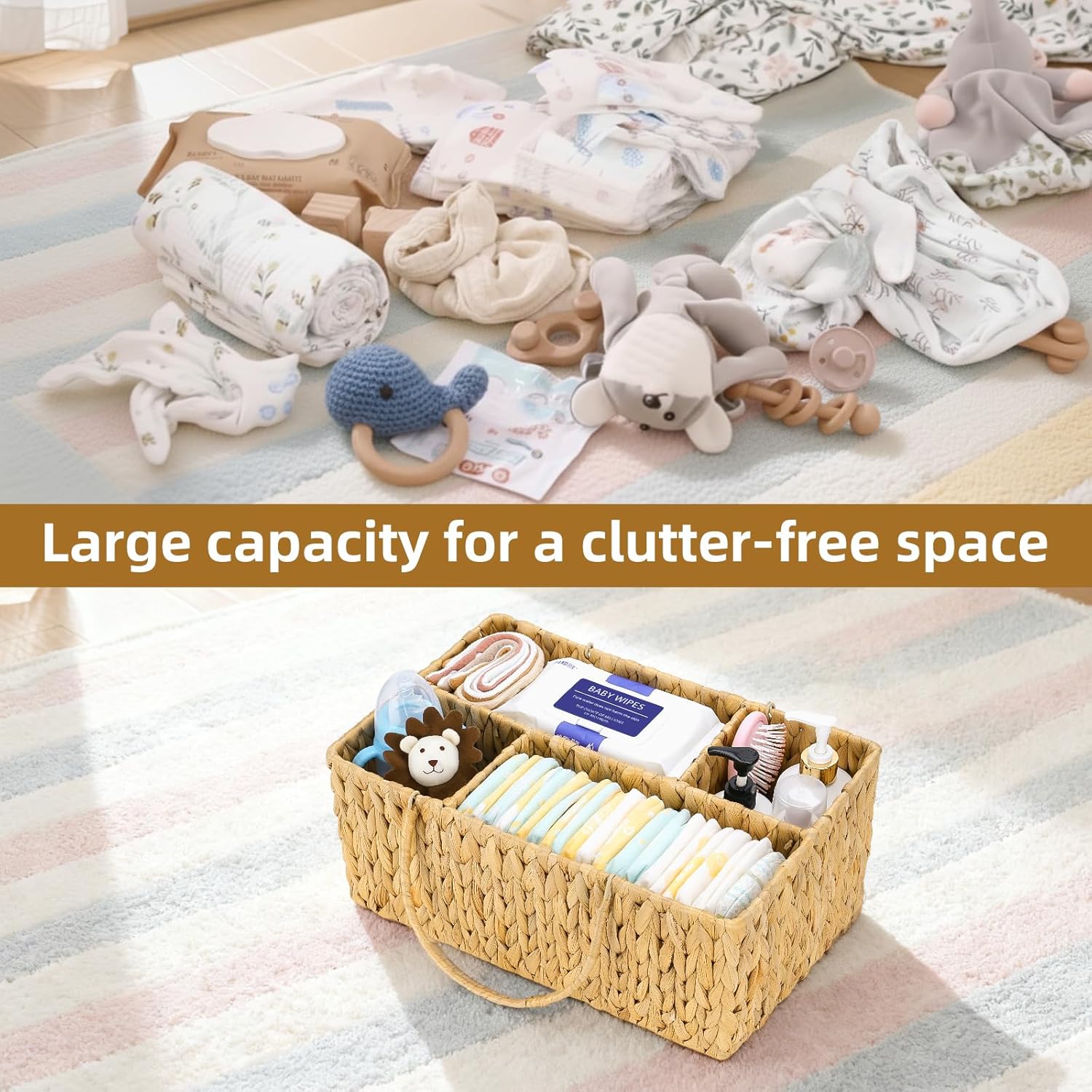 Large Baby Diaper Caddy Organizer, Handwoven Water Hyacinth Storage Basket, Portable Wicker Car Diaper Storage Bin for Nursery and Travel