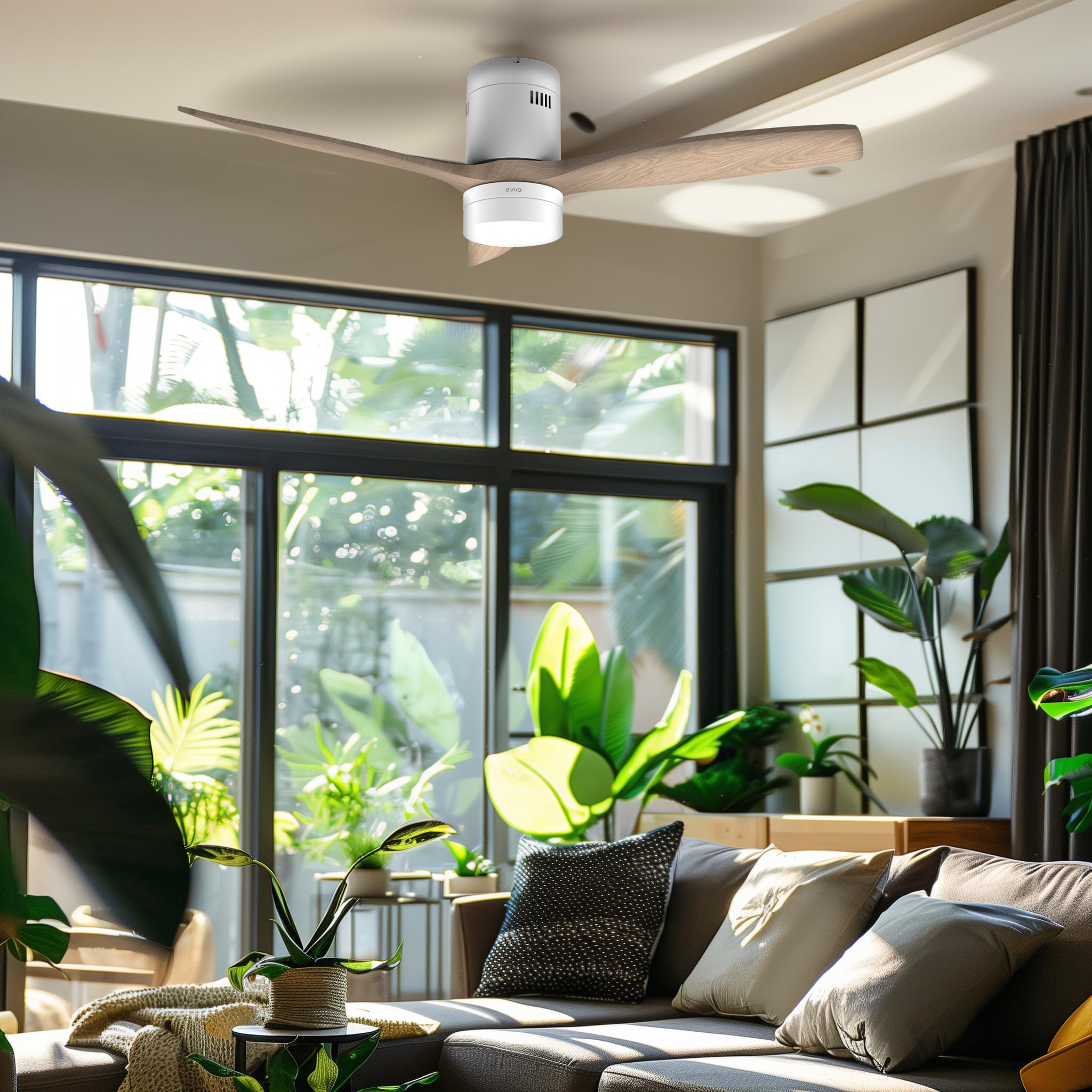EVVO Ventilador de Techo con Luz LED y WIFI, Silencioso, Ø132cm, 3 Aspas, Motor DC 40W, 6 Velocidades, Temporizador hasta 4h, Función Invierno-Verano, Protección IP44 (Modelo: V551 Acabado Madera)