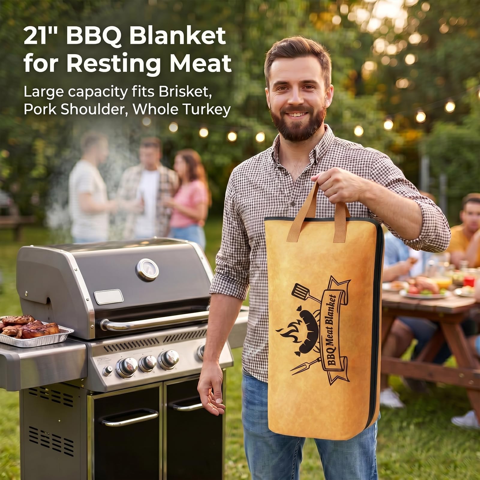RINPIR - Set di 21 accessori per barbecue con coperta di carne riutilizzabile da 53 cm, regalo per la festa del papà per uomini e papà strumenti per griglia in acciaio