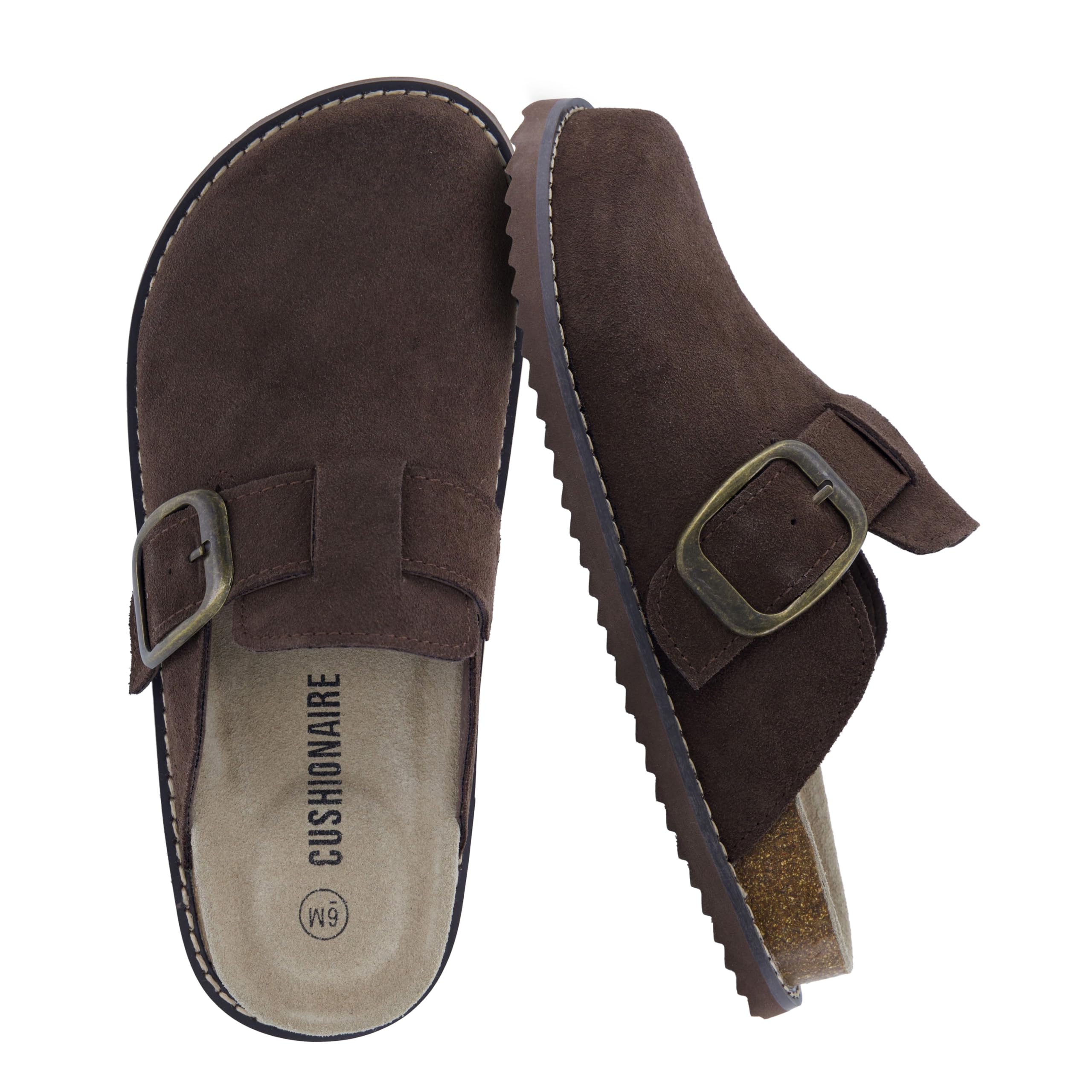 CUSHIONAIRE Women's Blain Genuine Suede Slip-On Clogs with + Memory Foam & Chic Buckle Mule - Comfortable, Non-Slip, Wide Widths Available