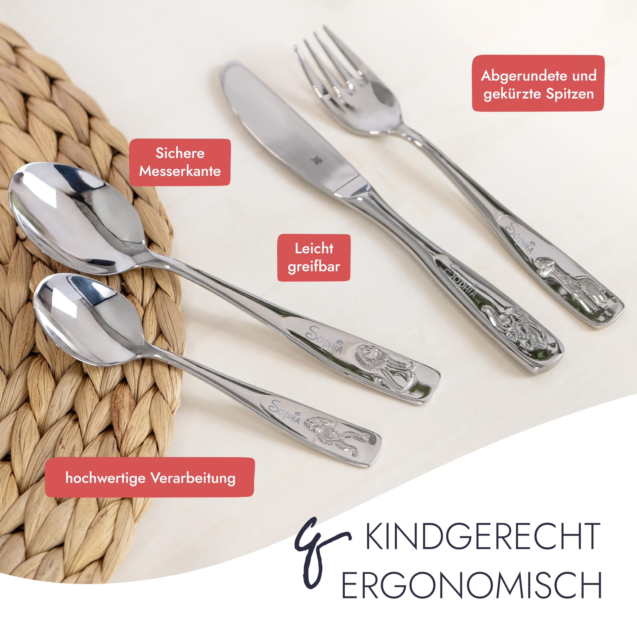WMF Kinderbesteck mit Namensgravur,Edelstahl, 4-teilig, spülmaschinengeeignet – Geschenk zur Taufe, Taufgeschenke für Mädchen und Jungen, Kinderbesteck mit Gravur
