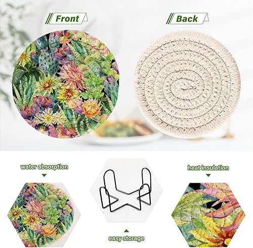 Miniatura 4 de Cactus Flower Coasters for Drinks Set of 6 Woven Drink Coaster Set Absorbent for Tabletop Protection Home Coffee Table Decor