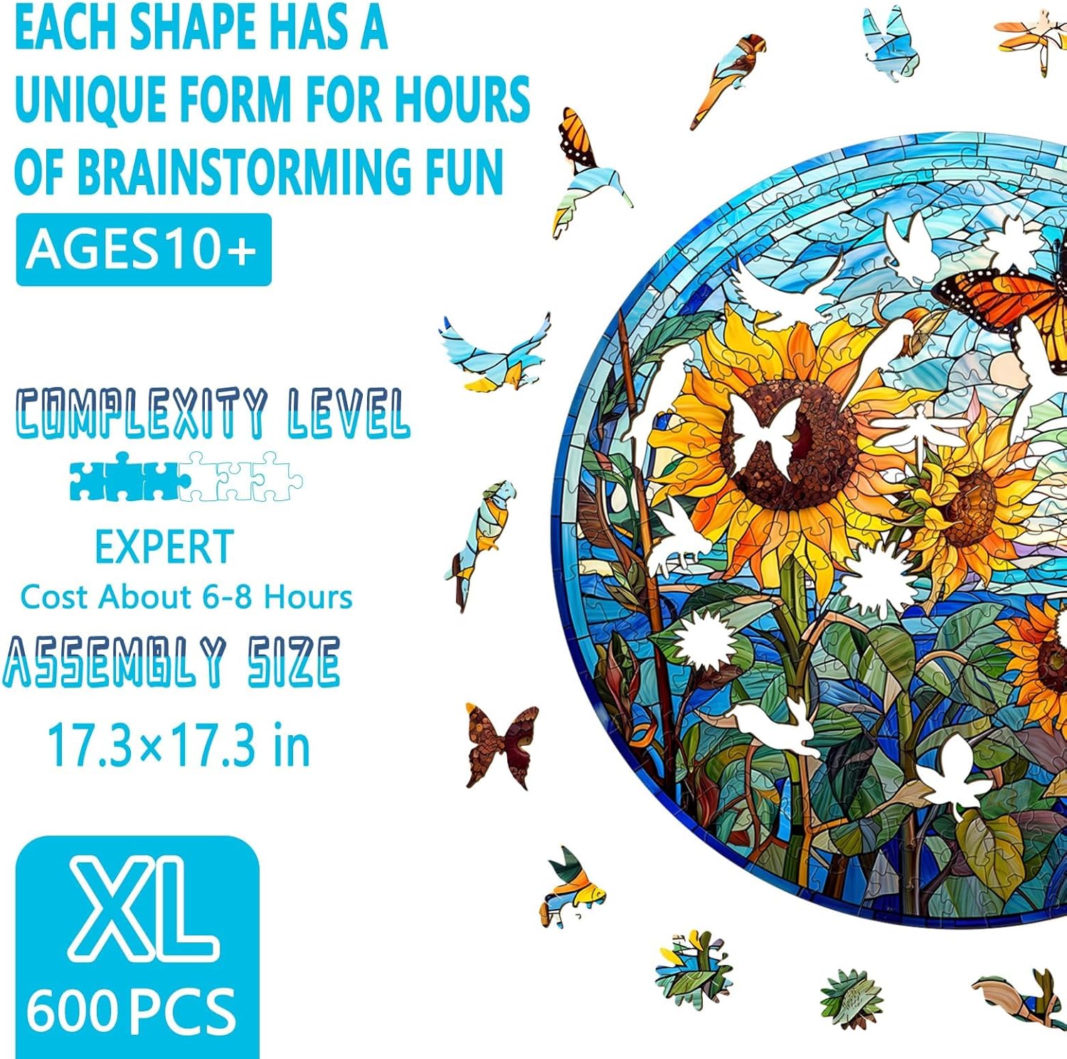 Wooden Puzzles for Adults - Glass Sunflower Wood Puzzle 600 Pieces, Unique Shaped Wooden Jigsaw Puzzles for Adults, Wood Puzzles Adult, Perfect for Birthday Gift, Family Puzzle, 17.3 * 17.3in, XL