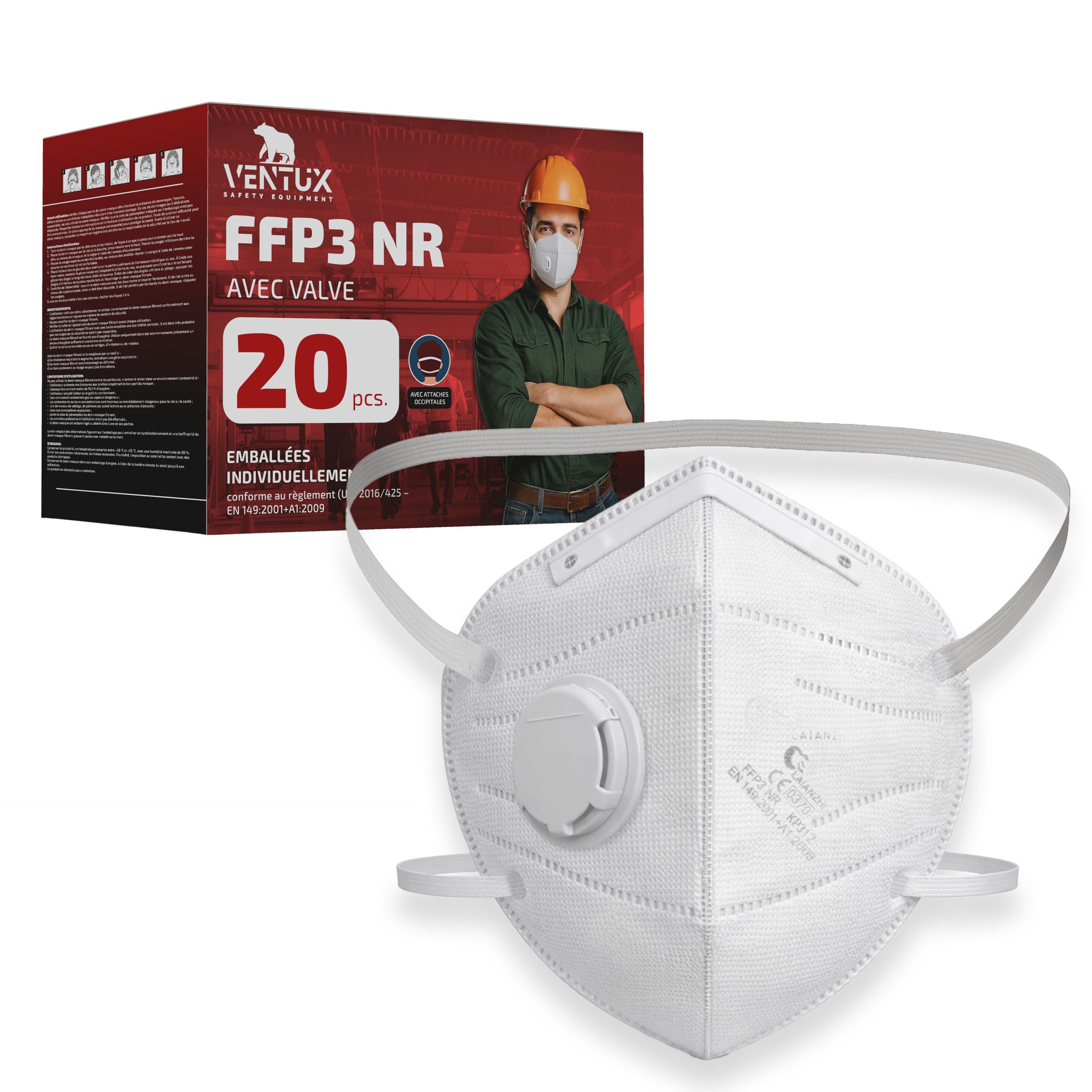 Masques FFP3 avec valve – Lot de 20 pièces – Protection poussières et particules – Certifiés CE