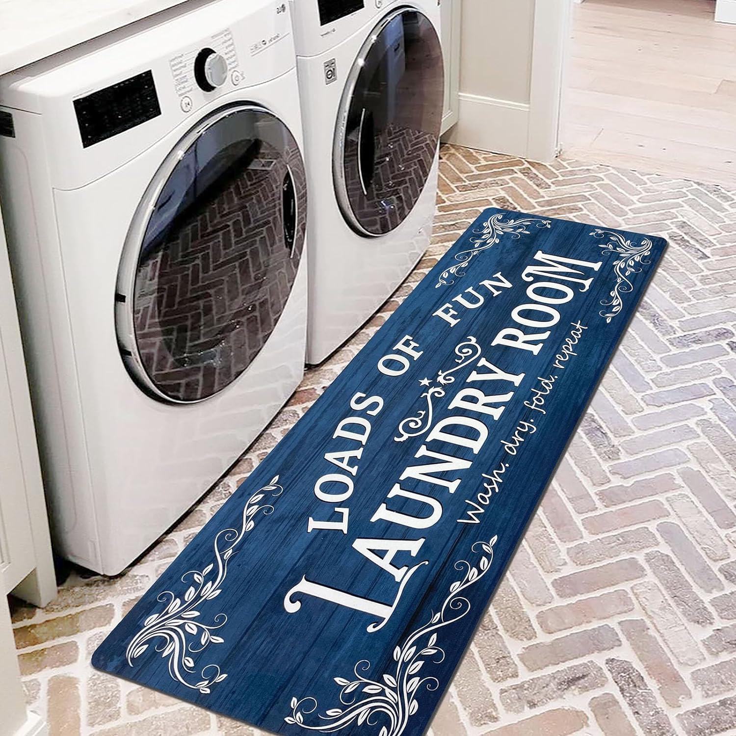 Laundry Room Rug Runner 20x48 Non Slip Waterproof Laundry Mats for Laundry Room Decor Washable Floor Farmhouse Laundry Rug for Mudroom, Washroom, Bathroom, Navy Blue