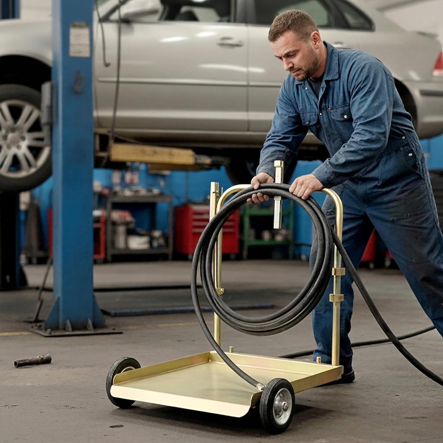LAUCO 3:1 Air-Operated Oil Pump Kit – Digital Meter Gun, 13ft Hose, Mobile Drum Trolley & Regulator – Complete System for SAE240 Oil Transfer from 55 Gallon Barrels (Not for Gasoline or Diesel)