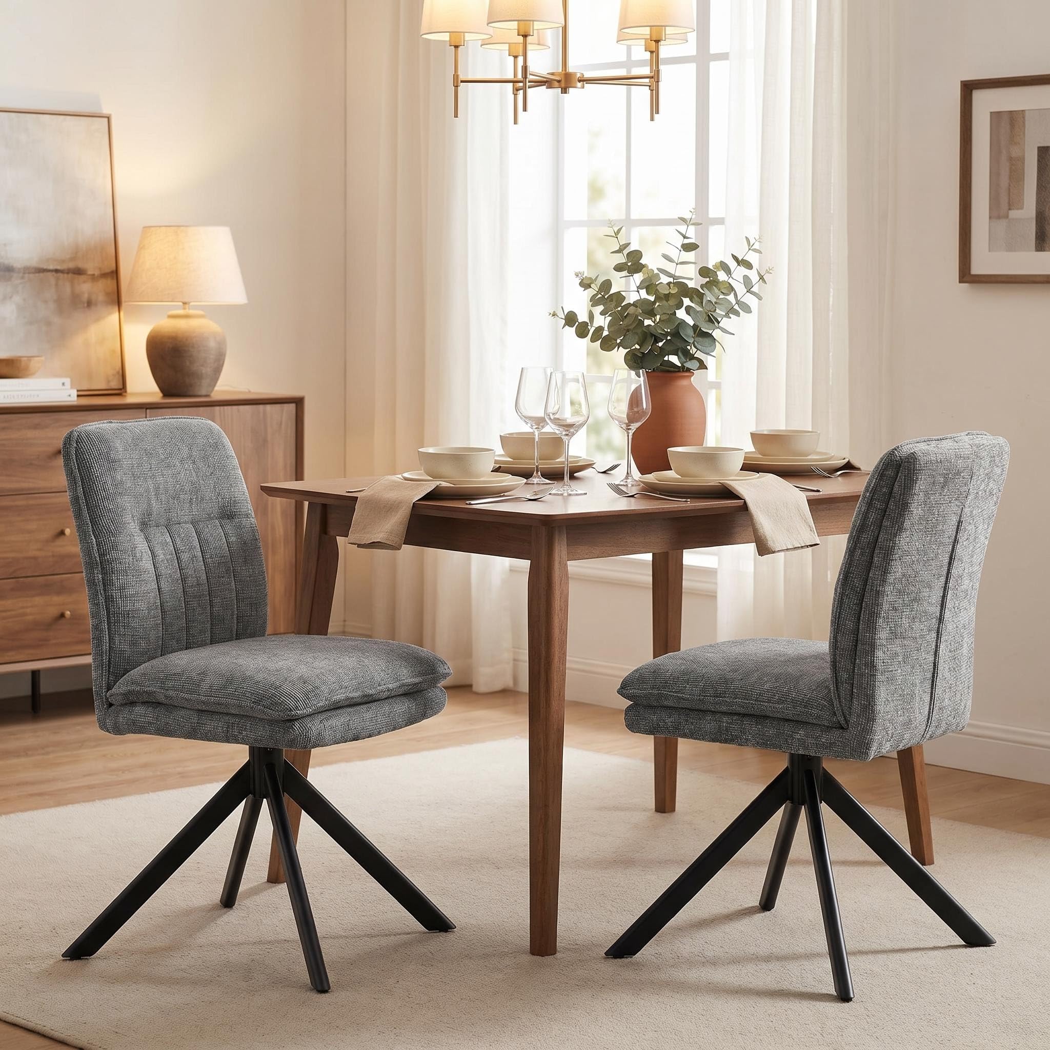 2er Set 360° Drehbar Esszimmerstühle Grau, Ohne Armlehnen, Doppelte Polsterung & Bogen-Rückenlehne, Chenille mit Drehfunktion & justierbaren Bodenschonern, Moderne Esszimmerstühle