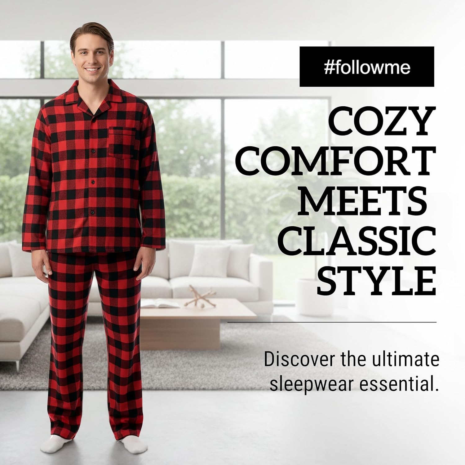 #followme Men’s Plaid Button Front Flannel Pajamas Set - Long Sleeve Long Pant - Image 5