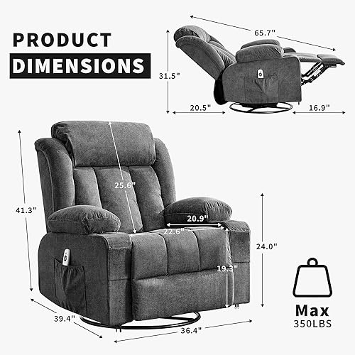Miniatura 2 de GAOMON Rocker Swivel Recliner Chair with Heat Massage Large Wide Lazy Boy Single Sofa Seat with 3 Positions 2 Side Pockets Cup Holders USB Ports