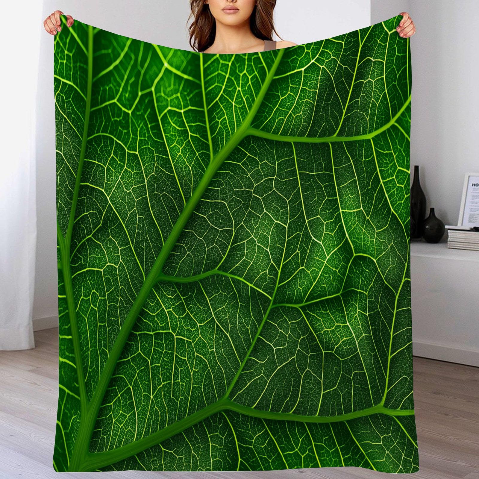 Couverture Polaire Flanelle 130x150cm jeté de canapé vert foncé motif feuilles