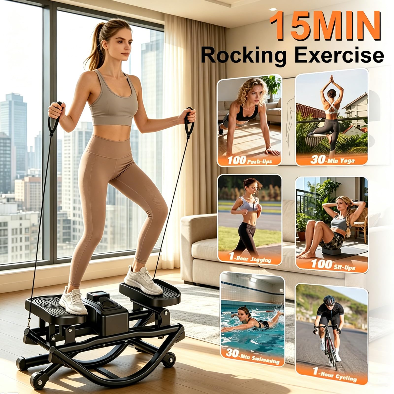 Stepper de bajo impacto Rocking en forma de U para el hogar, bicicleta estática silenciosa