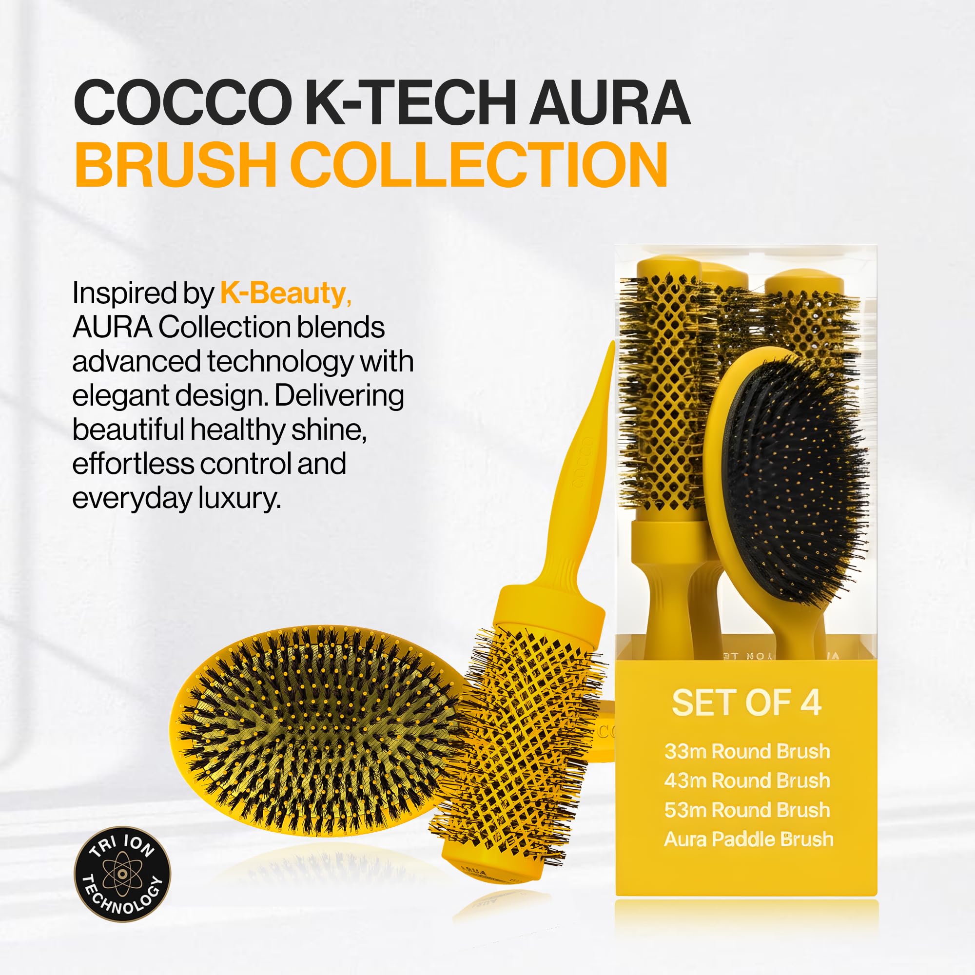COCCO Aura Brush - Juego de cepillos redondos y de cerámica para mujer, secado y control del encrespamiento, cerdas de turmalina, agarre ergonómico, juego de peinado completo, color amarillo