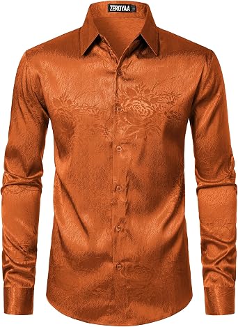 ZEROYAA Mens Satin Rose Floral Jacquard Dress Shirt