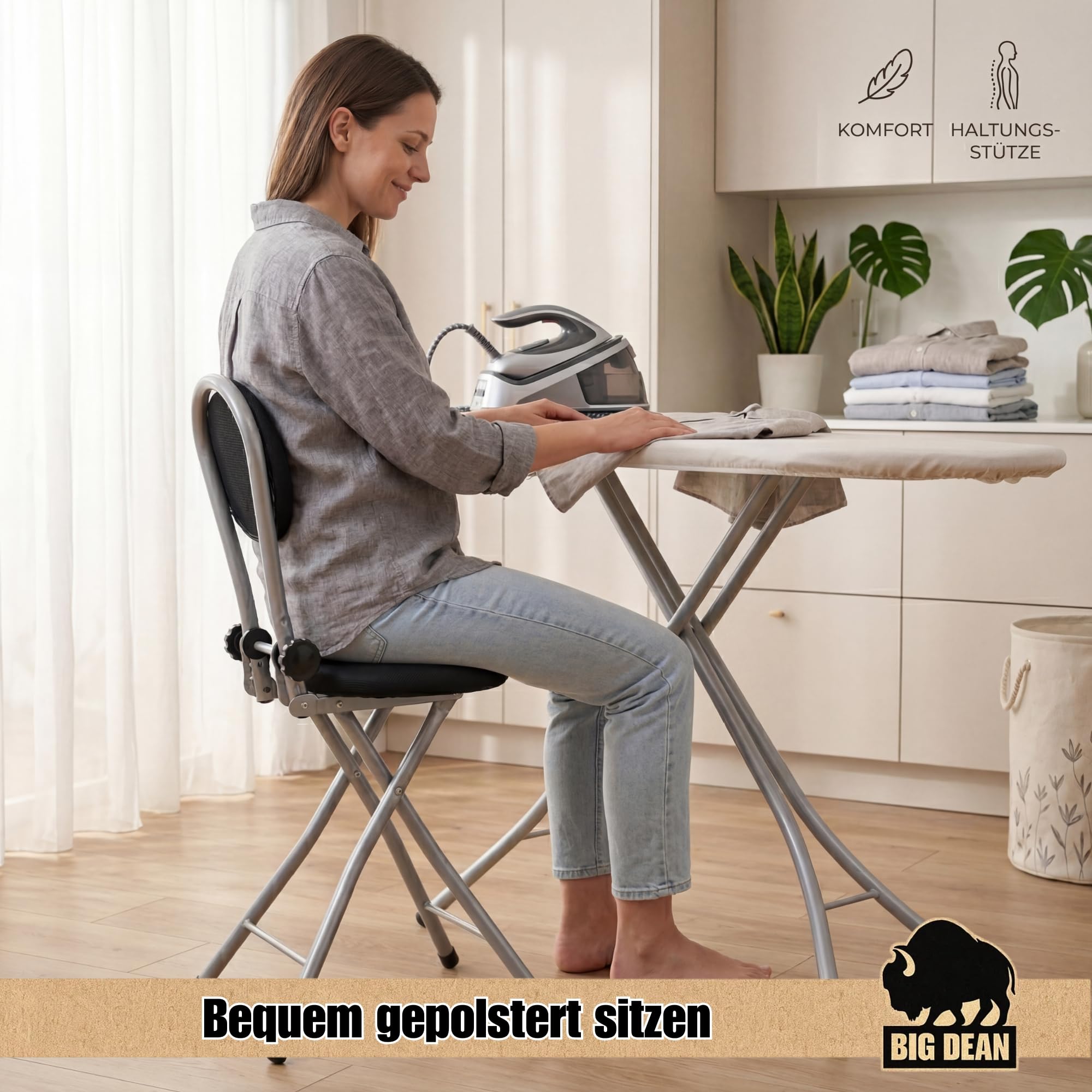 BigDean Bügelstehhilfe Stehhilfe Stehstuhl 4-Fach Höhenverstellbar Klappbar Ergonomisches Sitzen mit Rückenlehne