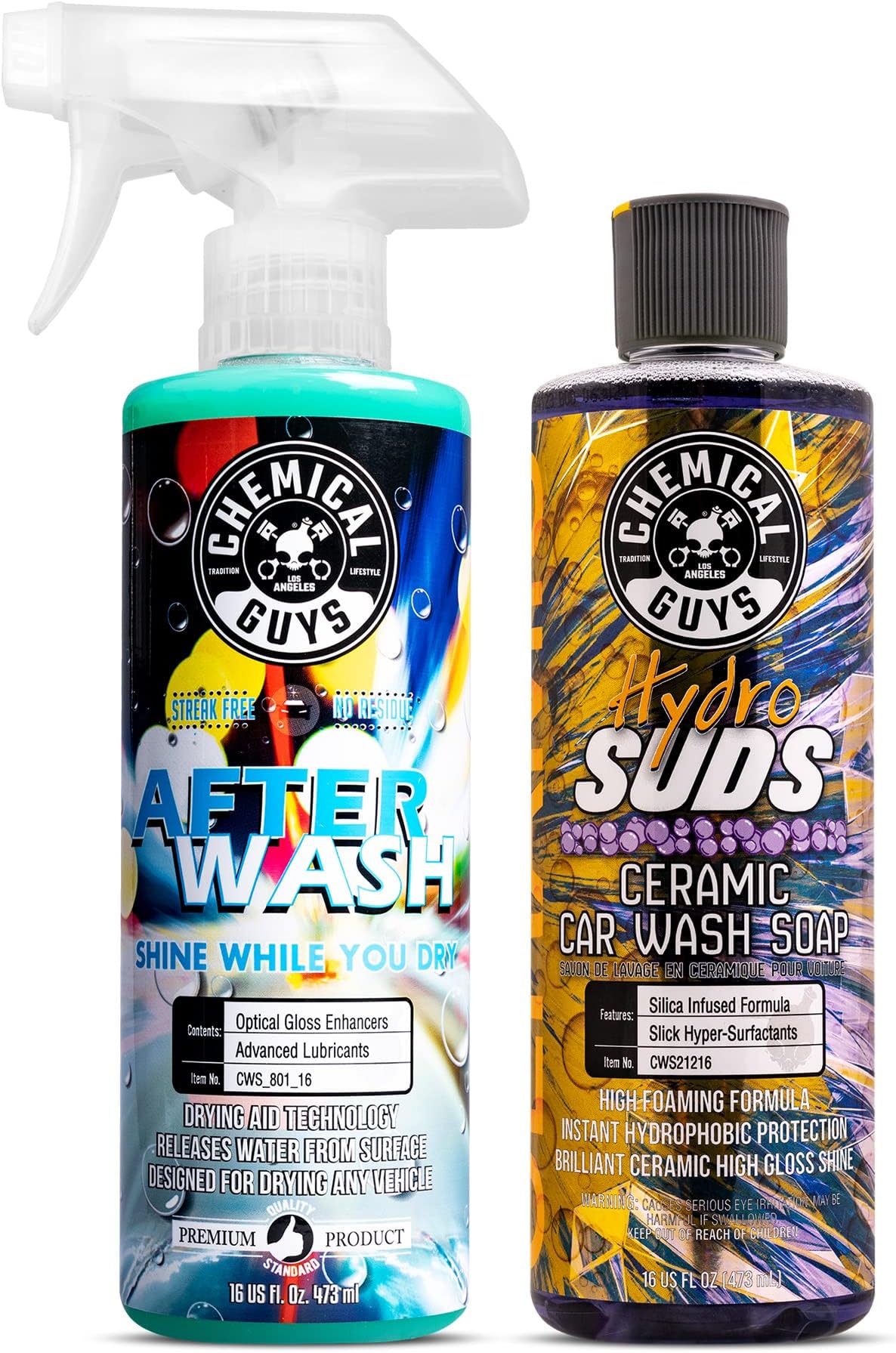 Chemical Guys CWS21216A Car Wash, Dry & Shine Bundle - HydroSuds Ceramic SiO2 Shine High Foaming Car Wash Soap, 16 oz + After Wash Gloss Boosting Drying Aid (16 oz) (2 Items) For Cars, Trucks, SUVs