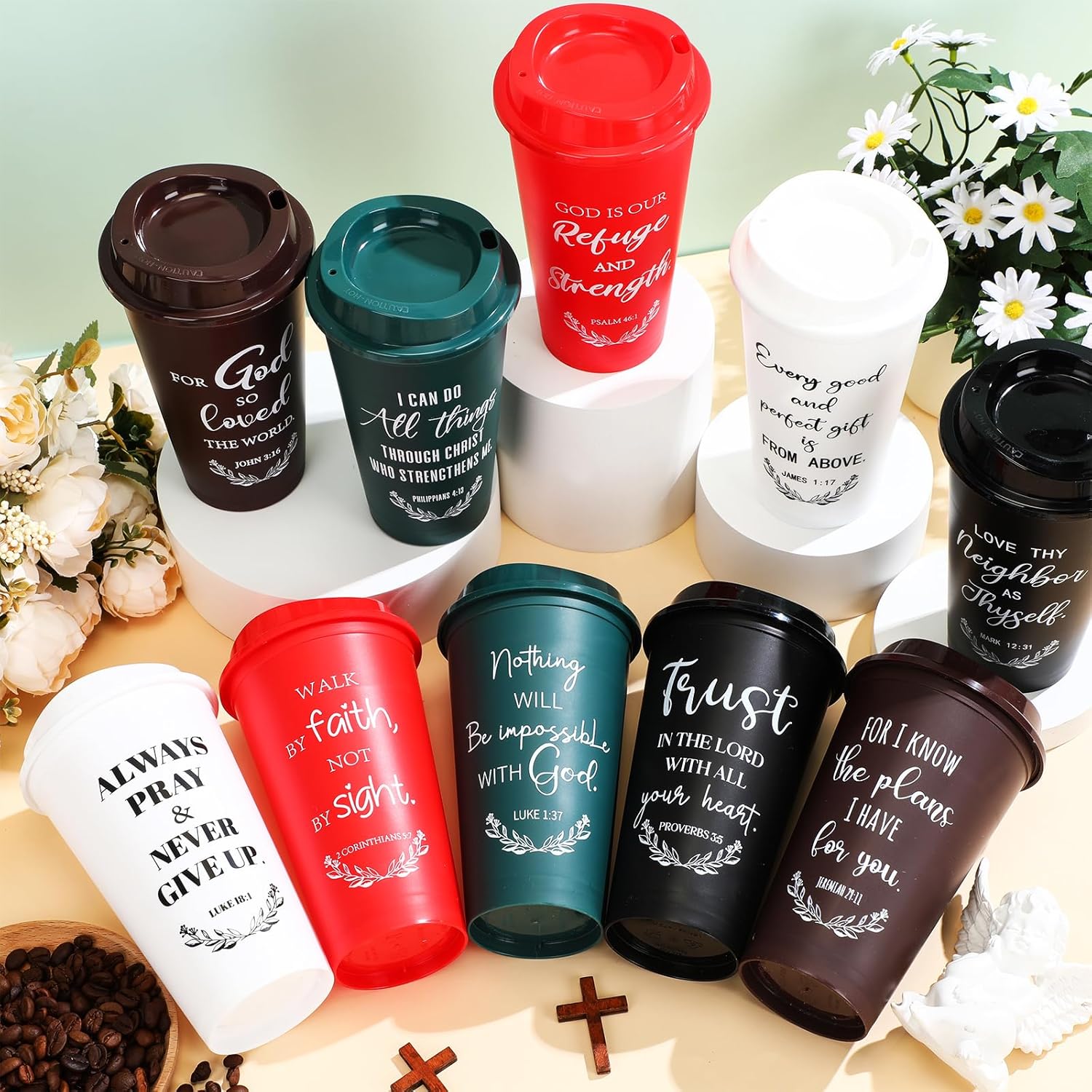 Skylety 60 Pack Christian Gifts for Men Women 16oz Reusable Bible Verse Tumbler Bulk Plastic Coffee Cups with Lids Inspirational Religious Church Gifts for Valentine Easter Birthday (Classic Color) - Image 6