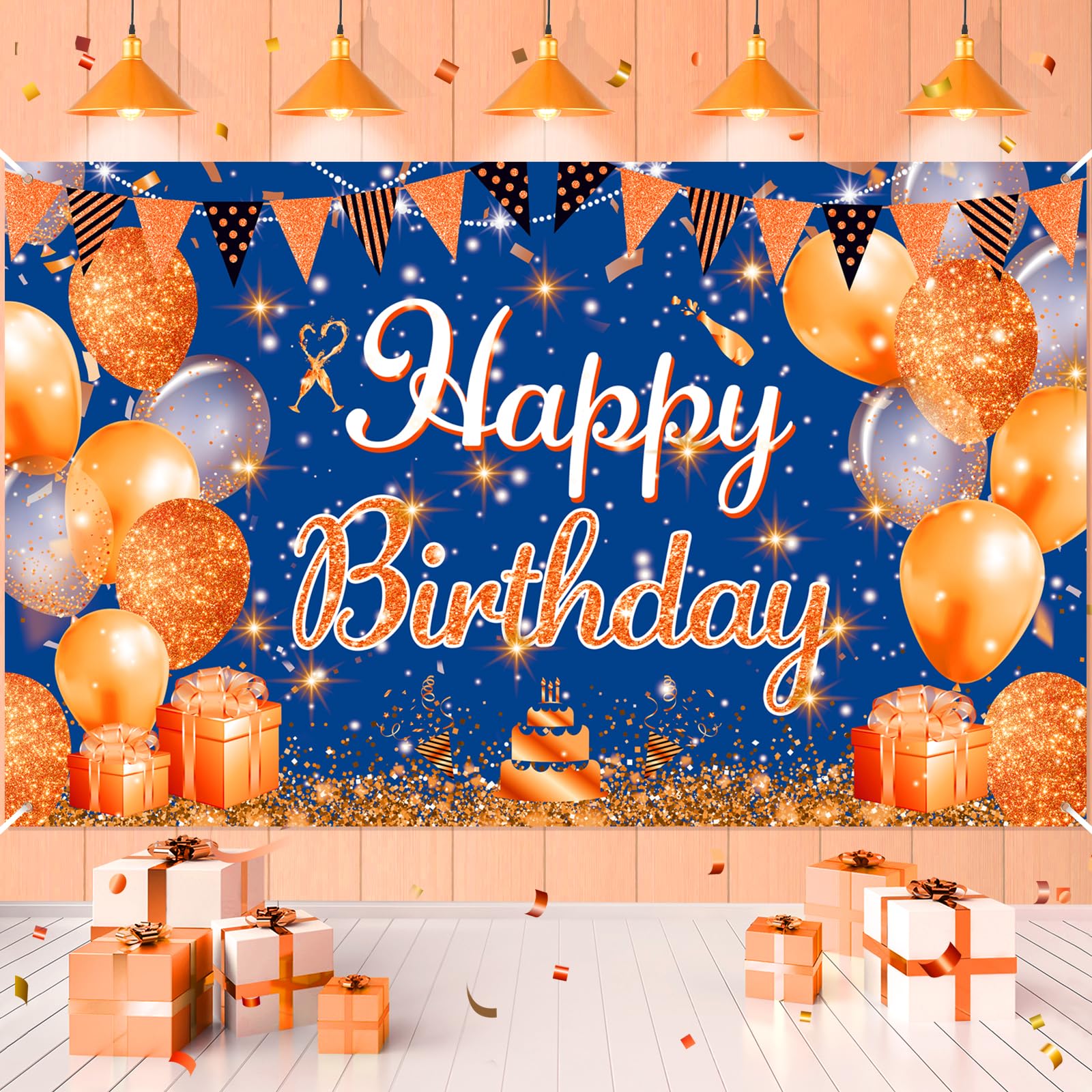 Blue and Orange Birthday Banner Decorations Large Navy Blue Orange Happy Birthday Banner Sign Background Photography for Boys Girls Anniversary Party