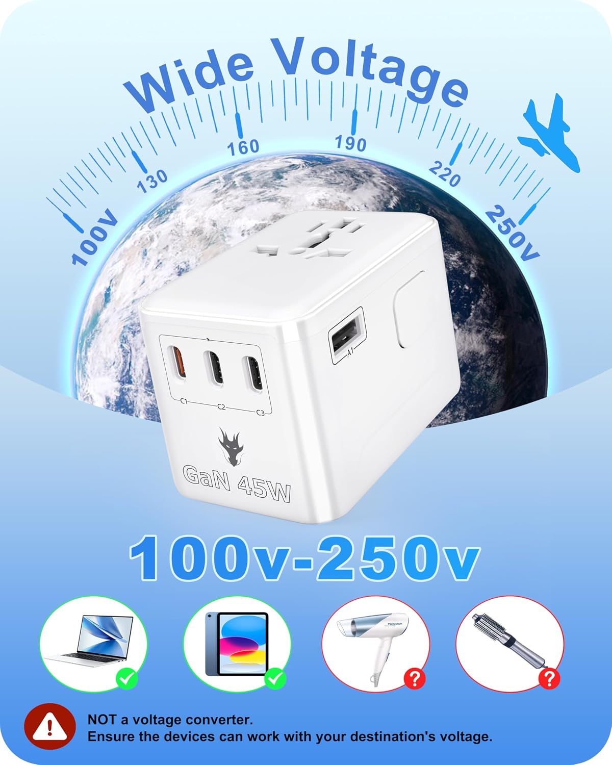 45W GaN Universal Travel Adapter, Worldwide Travel Plug Adapter with 3 USB-C Ports(C1 Port PD Fast Charging), 1 USB-A Port, Dual 10A Fuses, Travel Adapter for EU/UK/US/AUS Plugs(Type E,F, G, B, I)