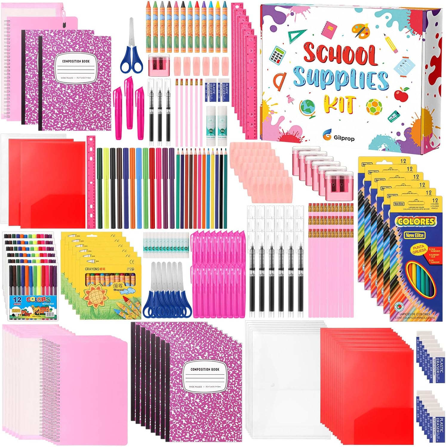 Gilprop 6 Sets Christmas Gift Back to Supplies 72 Pcs Per Set Elementary Middle High Supplies Bundle Kit Gift for K-8(Pink)