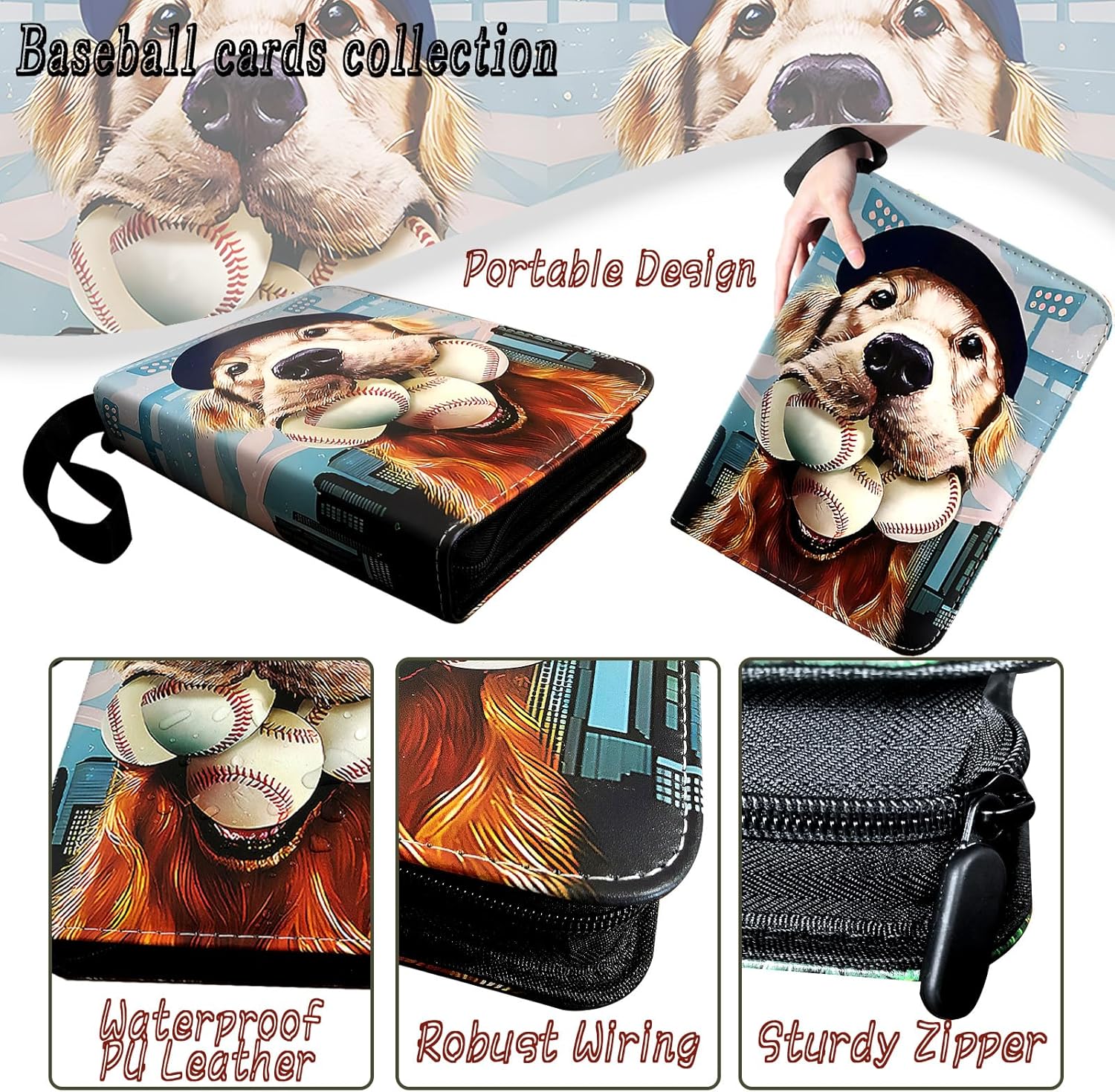 400 Pockets Baseball Card Binder, Trading Card Binder 4 Pocket with 50 Removable Sleeves Fits 400 Sport Cards, 3 Ring Card Holder Binder with Zipper, Collector Storage Album
