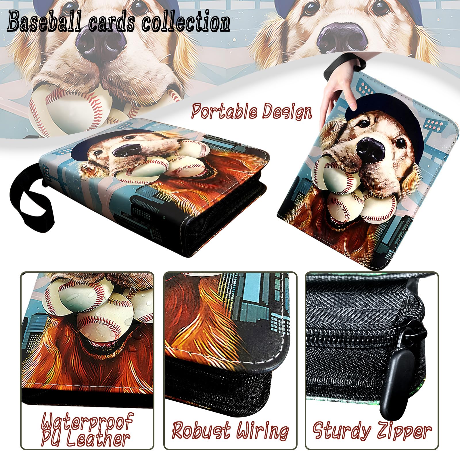 400 Pockets Baseball Card Binder, Trading Card Binder 4 Pocket with 50 Removable Sleeves Fits 400 Sport Cards, 3 Ring Card Holder Binder with Zipper, Collector Storage Album