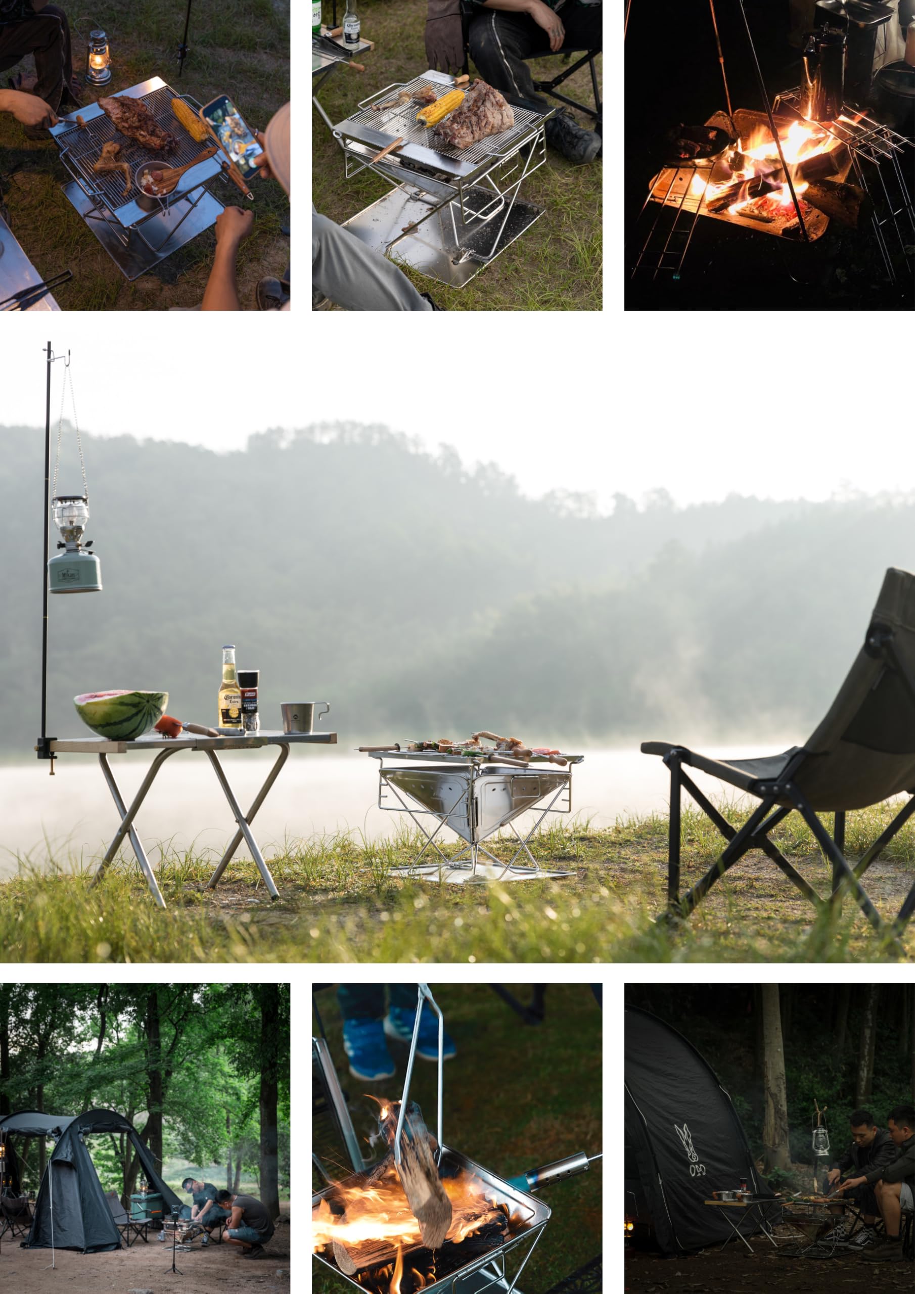 CAMPINGMOON - Parrilla portátil 3 en 1 para fogata de 16 pulgadas, de acero inoxidable resistente, estufa de leña, para camping, altura ajustable, patio, cocina al aire libre, viajes de caravana