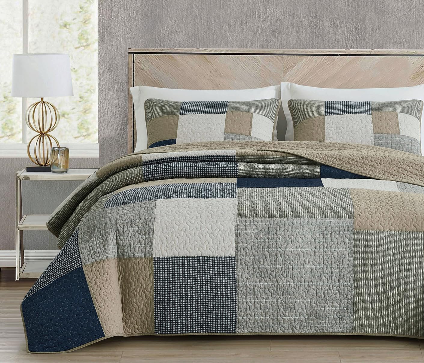 Chezmoi Collection Addy 3-Piece Navy Blue White Gray Taupe Plaid Patchwork Quilt Set - Pre-Washed Cotton Quiltd Lightweight Reversible Bedspread for All Seasons, Oversized King Size Oversized King Plaid Patchwork Taupe