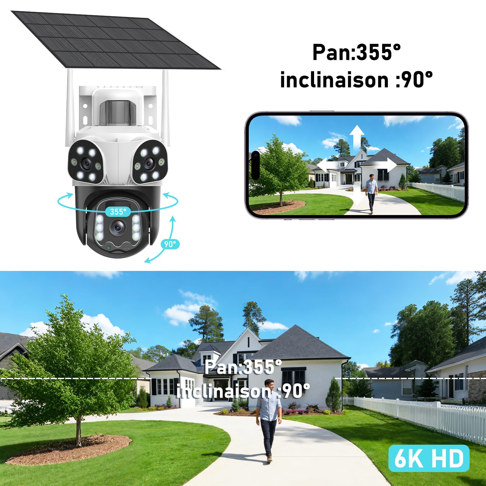 4K Camera Surveillance WiFi Exterieure sans Fil,à triple objectif/Camera Solaire/Batterie,Suivi Automatique,360° PTZ Sécurité à Domicile,Vision Vocturne,Audio Bidirectionnel,PIR Sirène,étanche,8MP HD