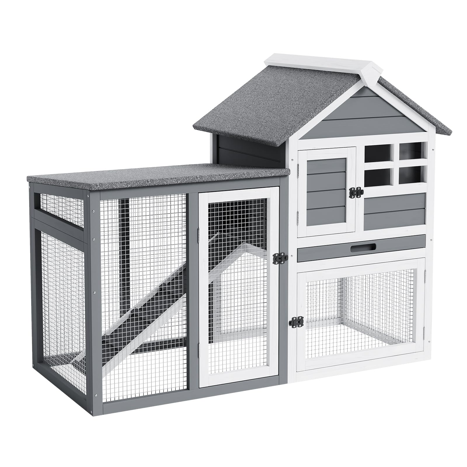 GarveeLife Jaula de Madera de 2 Niveles para Conejos, gallinas y cobayas – Uso Interior/Exterior – Techo Impermeable, Bandeja extraíble, rampa Antideslizante, 4 Puertas – Gallinero y casa para