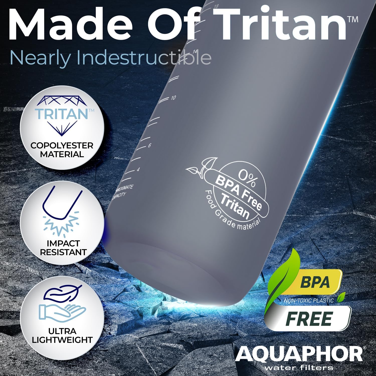 Nakii Filtered Water Bottle, Leakproof, BPA-Free, Motivational Markings, Travel, Everyday Use. 40-Gallon Filter, Replaces 300 Plastic Water Bottles. Includes 1 Filter, 34 FL Oz, Grey by Aquaphor