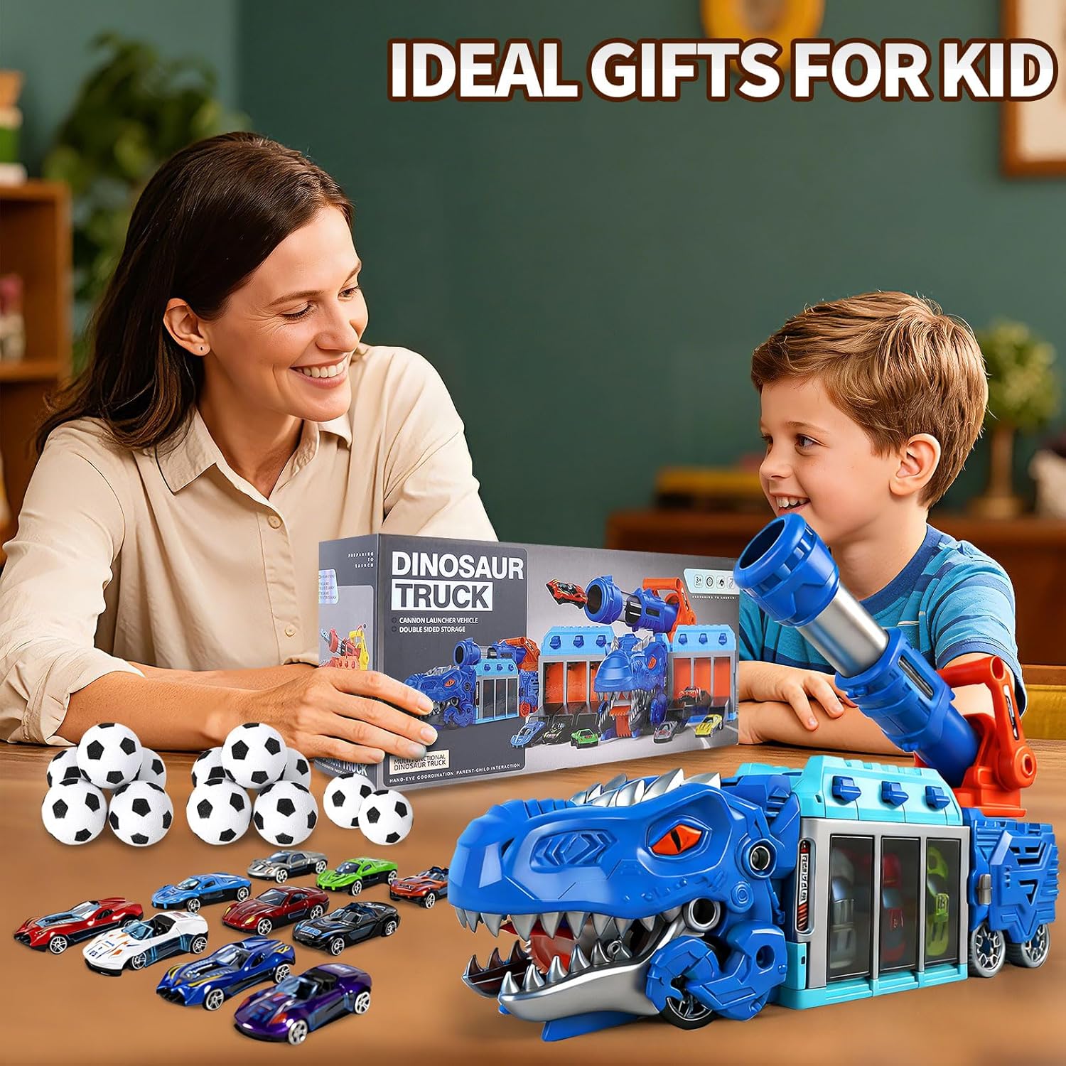 Dinosaur Car Toy for Kids, Launching Truck Toys for Boys 3-8, Foldable Toddler Trucks with 10 Mini Carts & 12 Soft EVA Balls, Ejection Shooting Game Play, Birthday Gifts for Toddler Child