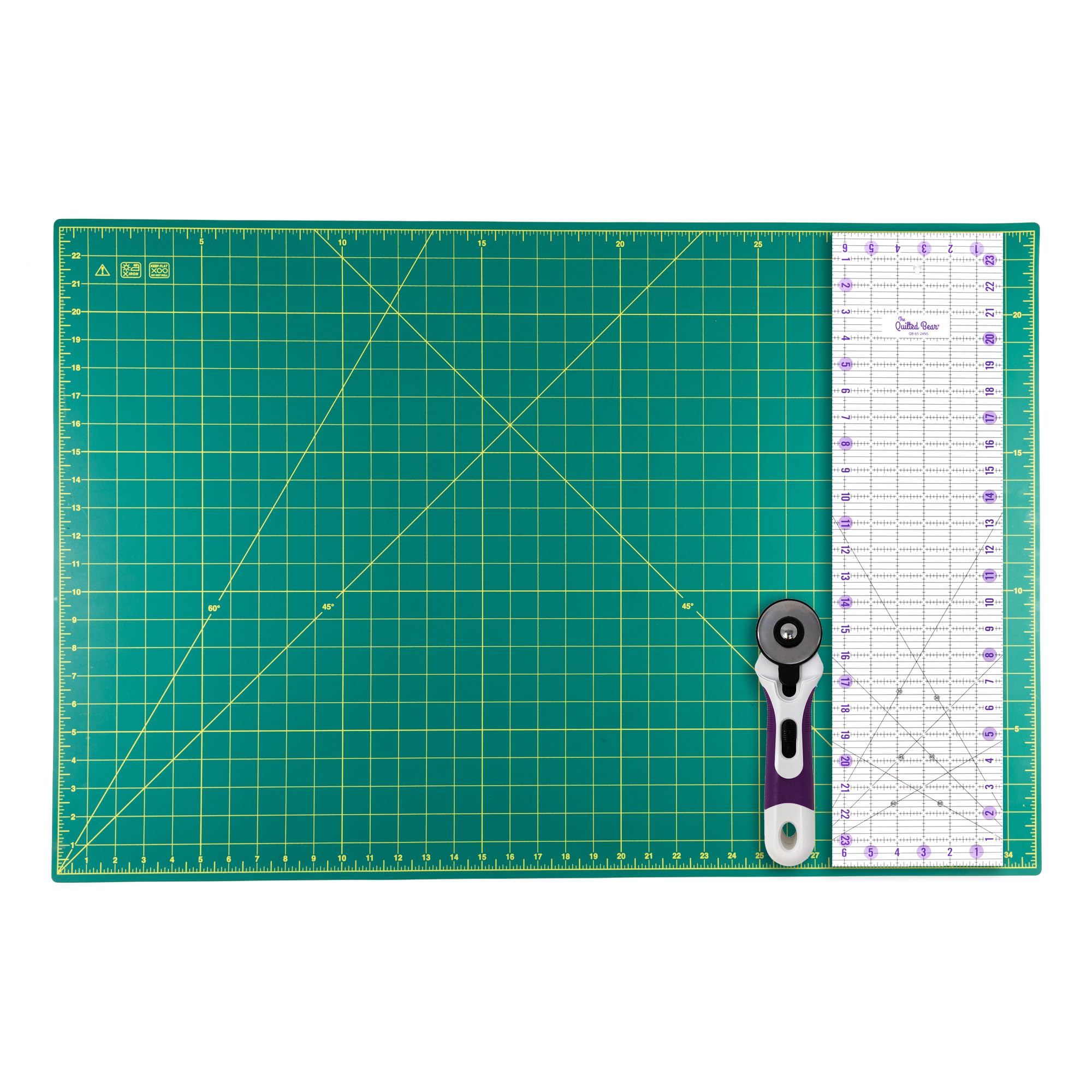 The Quilted Bear 24" x 36" Heavy Duty Self Healing 5 Layer Cutting Mat with 6.5" x 24" Non-Slip Ruler & 45mm Ergonomic Soft Grip Rotary Cutter (Green)