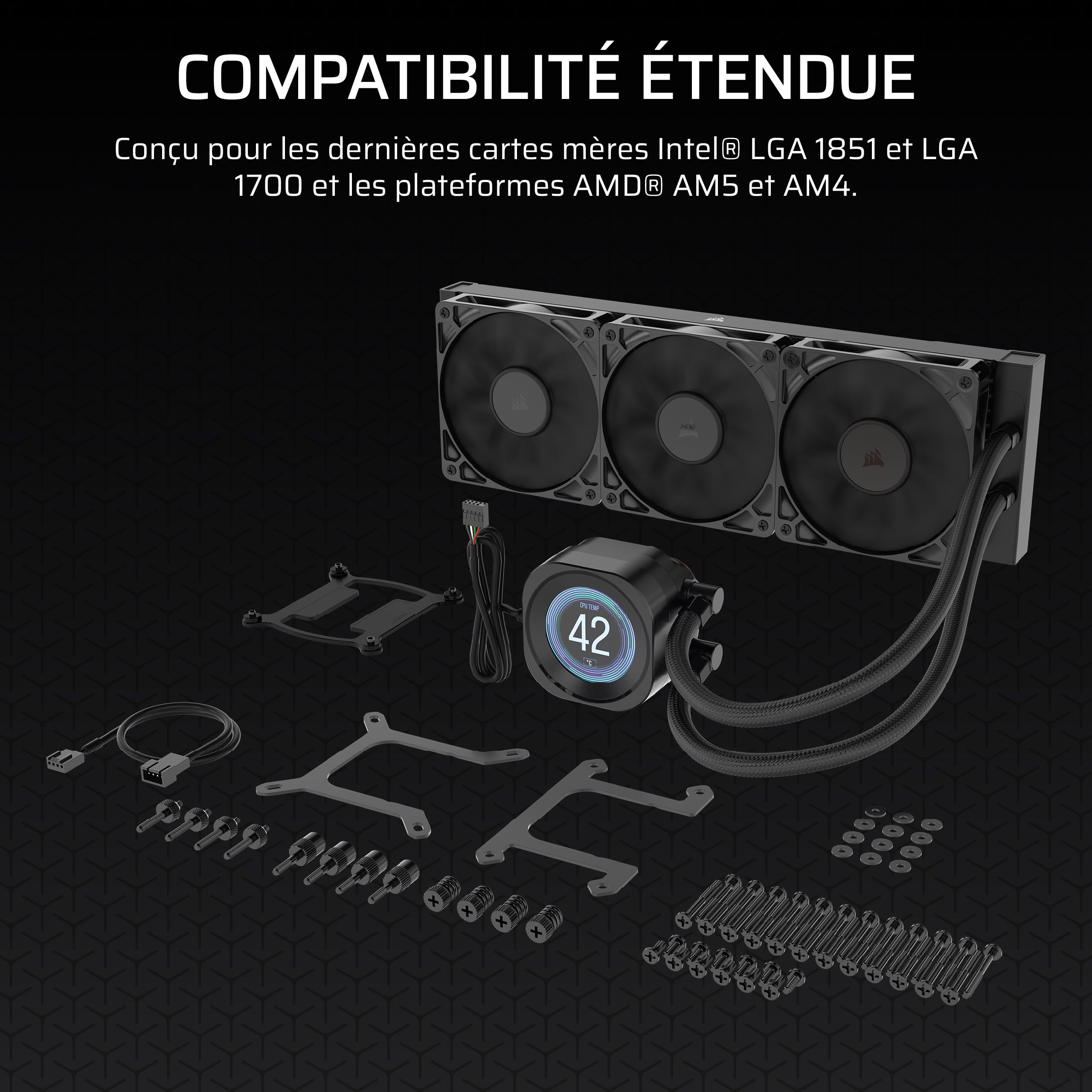 CORSAIR NAUTILUS 360 RS LCD AIO pour CPU, Inclus 3x RS120 – Noir | Ecran LCD IPS 5.3cm, Radiateur 360 mm, Intel LGA 1851/1700, AMD AM5/AM4, Connexions série simples